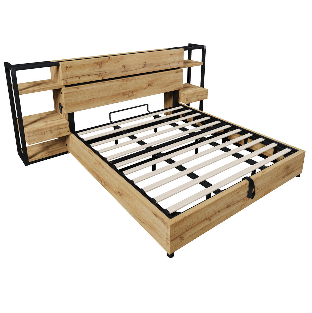 POLSTERBETT 180/200 cm Eiche aus MDF und Metall mit Stauraum und Ladestation - Eichefarben, Holzwerkstoff (180/200cm) - OKMYHOME