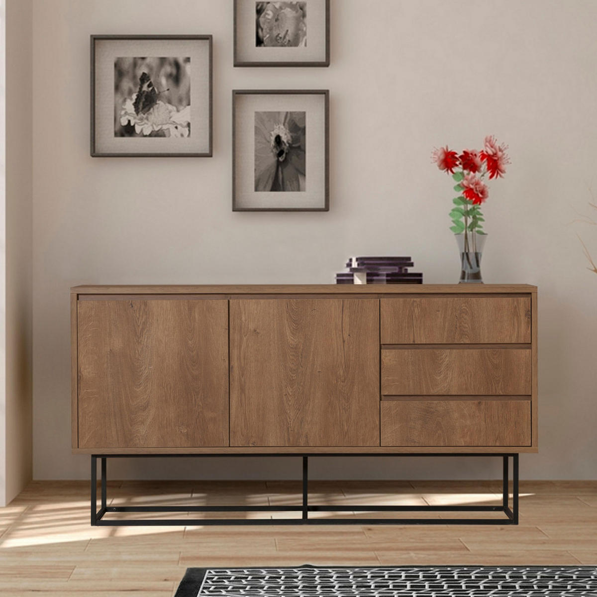 SIDEBOARD mit 2 Türen aus Holz und Metall, L140cm - Roa - Dunkles Holz - Nussbaumfarben, Holz (140/72/36cm) - Drawer