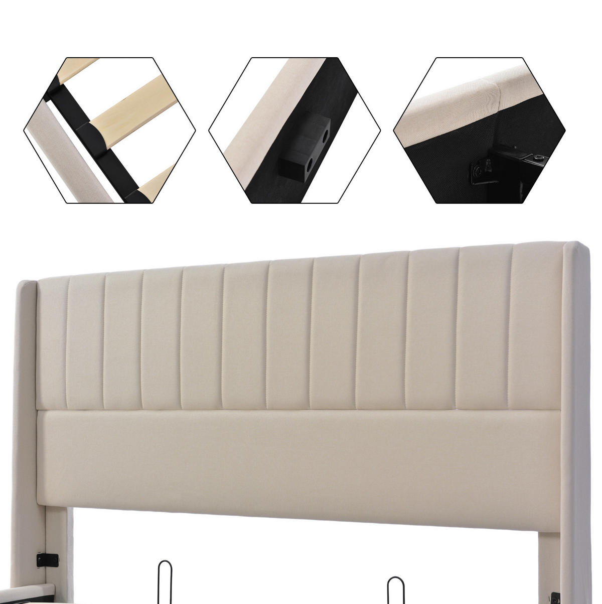 POLSTERBETT aus Leinen 140x200 cm in Beige mit Hydraulik-Stauraum - Beige, Textil (140/200cm) - Modfu