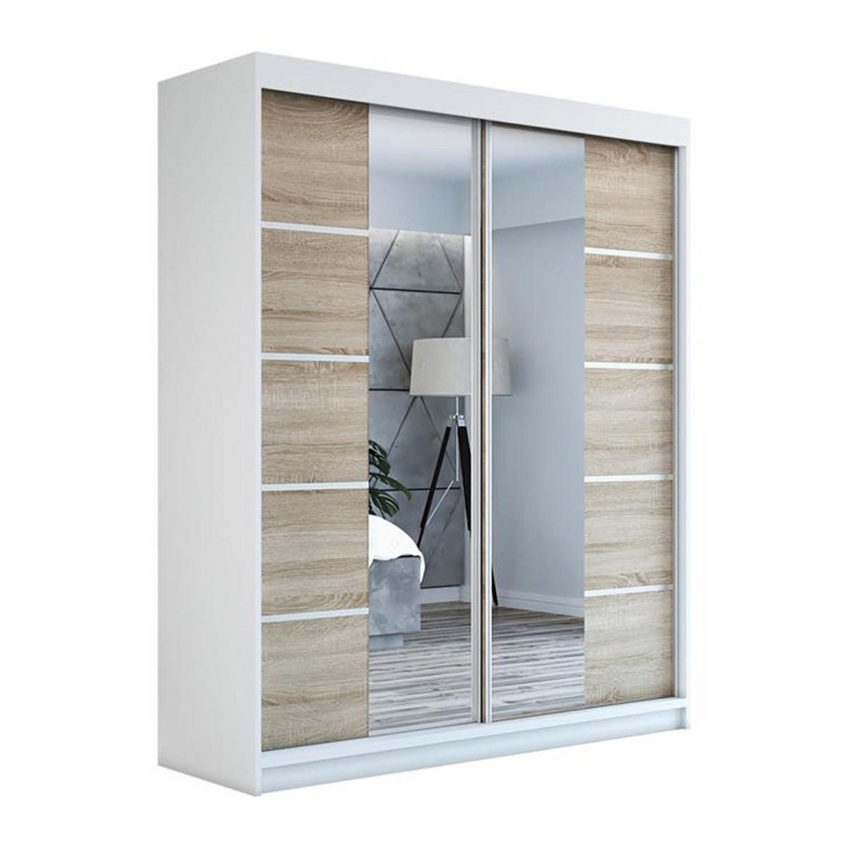 SCHWEBETÜRENSCHRANK 180 CM KRINO Farbe: Weiß / sonoma / sonoma - Weiß/Braun, Holzwerkstoff (180/215/59.5cm) - A&J MöbelLand