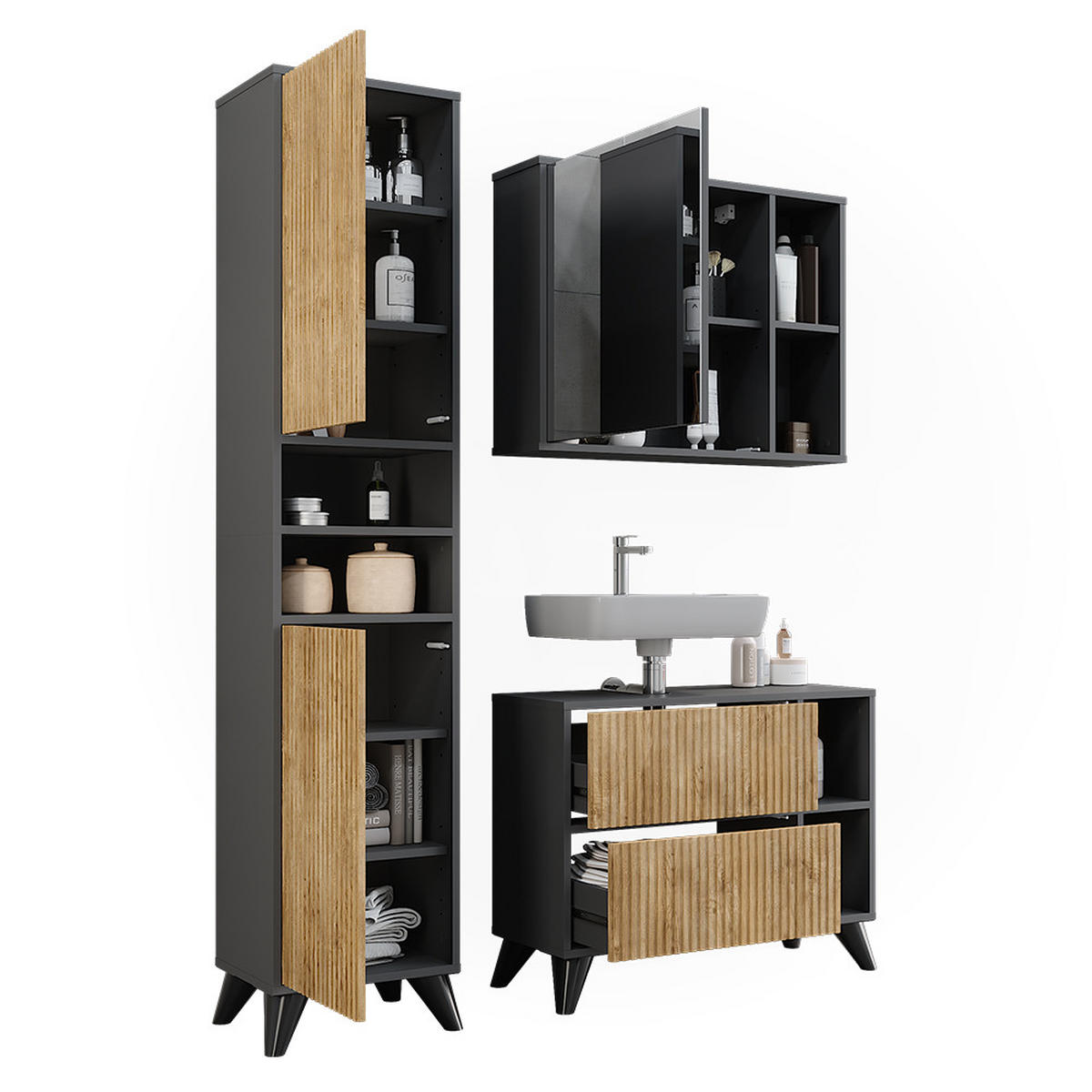 BADMÖBEL-SET Leano Anthrazit/Bergeiche 80 cm, Set 3 - Eichefarben/Anthrazit, Holzwerkstoff (80/62/30cm) - Vicco