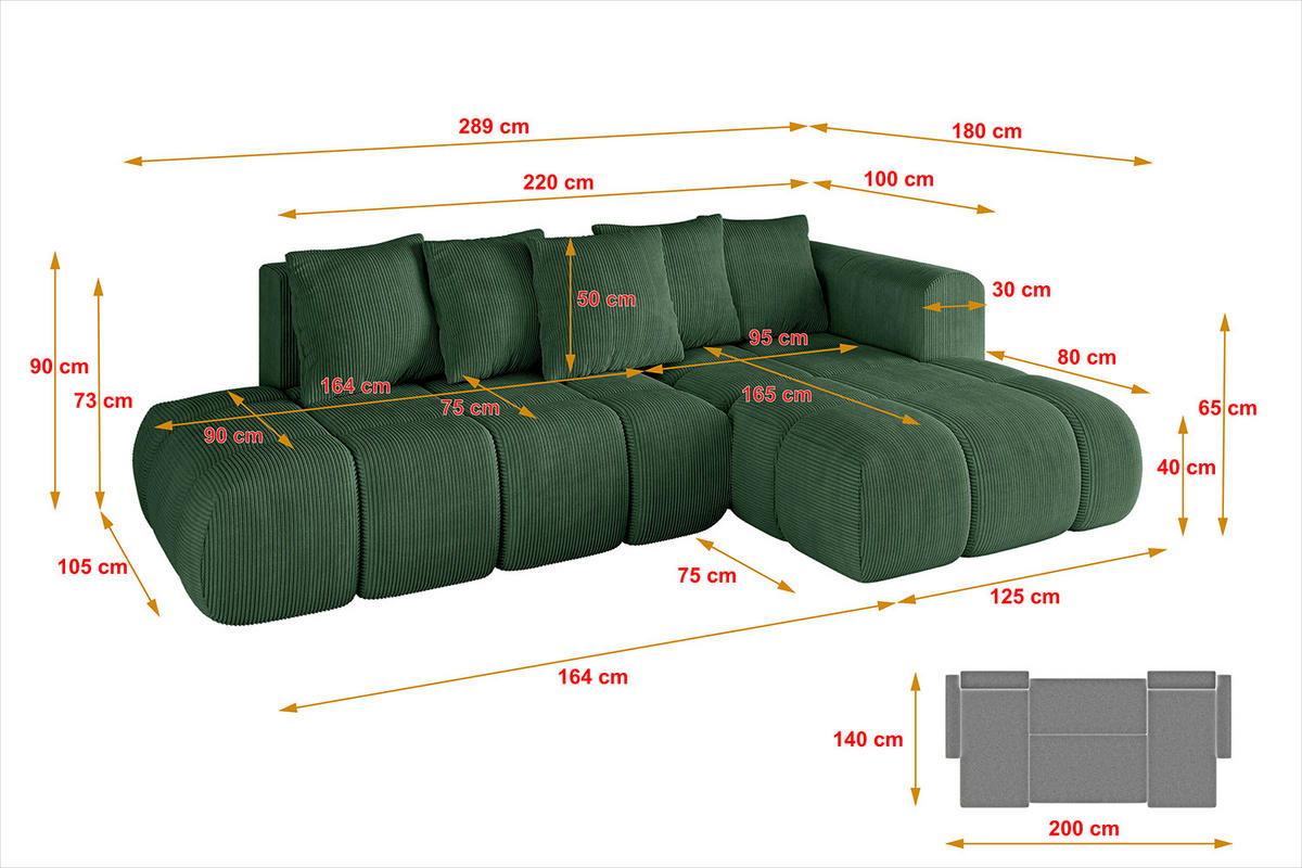 ECKSOFA Ottomane Rechts CLOUD-L-v1 289x180x40 Grün Cord - Grün, Holzwerkstoff/Kunststoff (289/180cm) - ALTDECOR