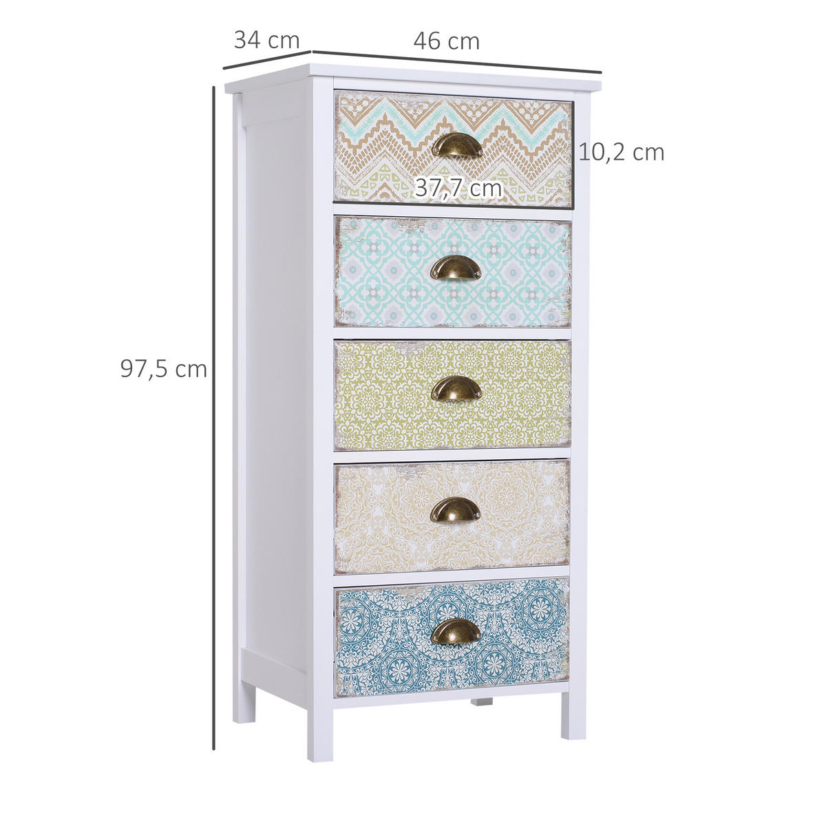 SCHUBLADENKOMMODE, MDF, Mehrfarbig, 46L x 34B x 97,5H cm - Multicolor, Metall (34/97.5/46cm) - HOMCOM