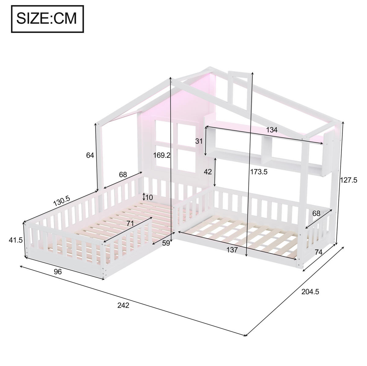 KINDERBETT 90/200 cm und 70/140 cm, Weiß mit LED-Beleuchtung und Regalen - Weiß, Holz (90/200cm) - MIVRAY