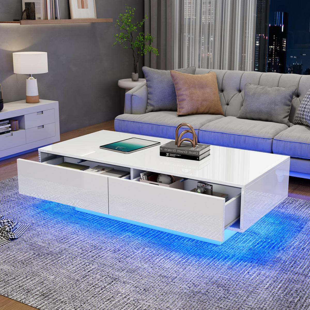 KLUBSKA miza 115/55/34 cm z 2 predaloma in LED osvetlitvijo, visoki sijaj, Bela - bela, leseni material (115/55/34cm) - Redom