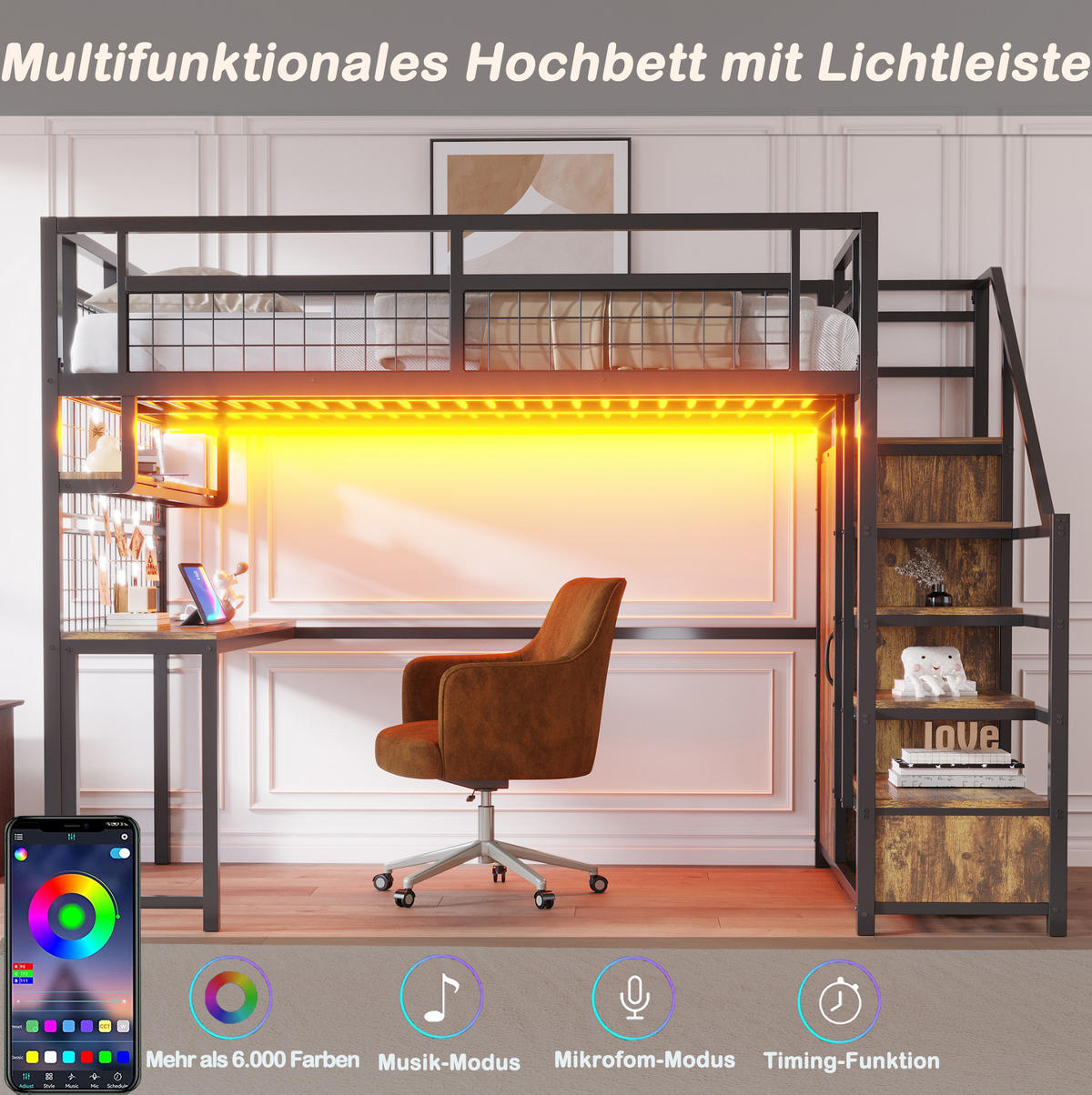 HOCHBETT 140/200 cm, Schwarz mit Schreibtisch, Regal und Stauraumleiter - Schwarz, Metall (140/200cm) - MIVRAY