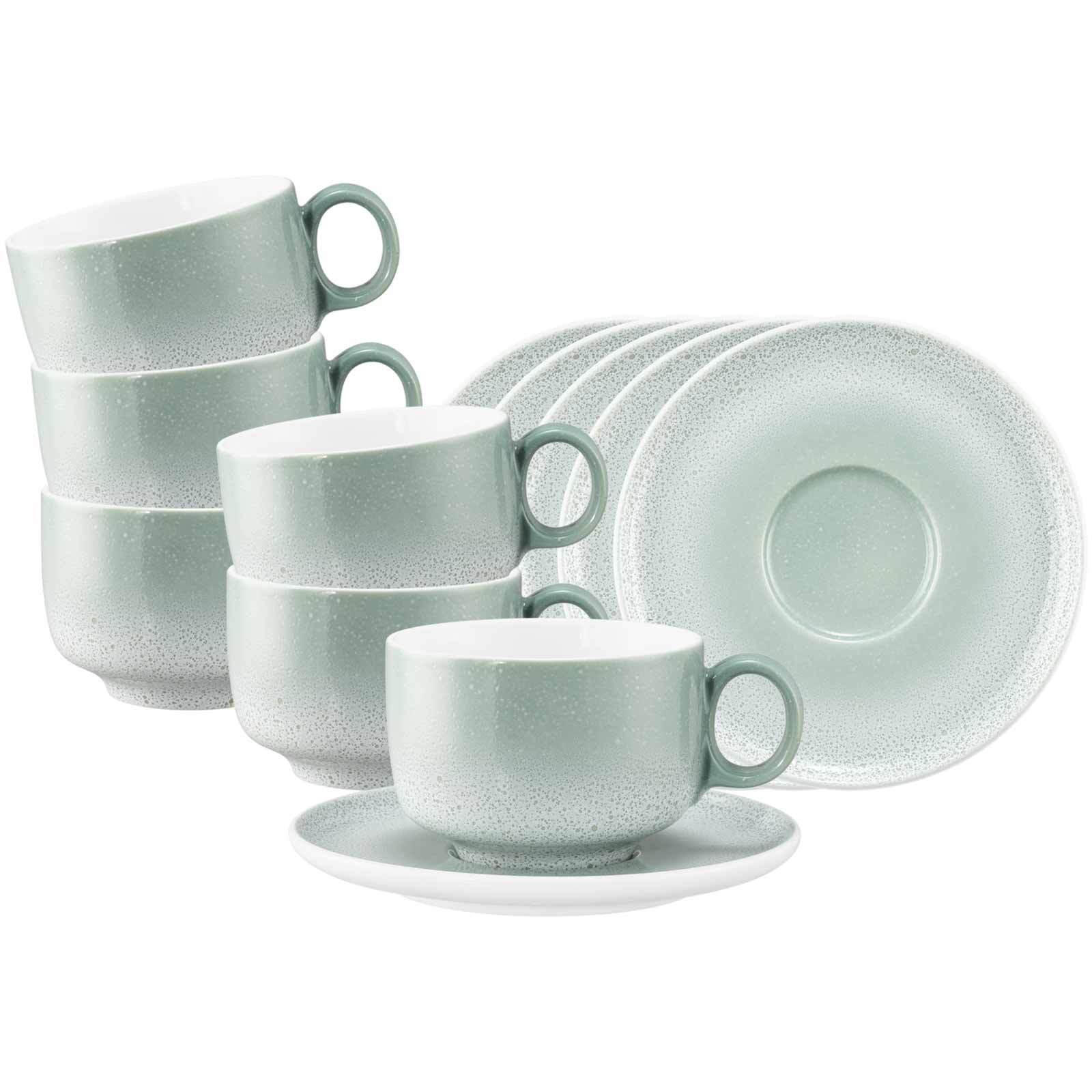 MILCHKAFFEETASSEN MIT UNTERTASSEN Sento Home Aura mint 350 ml 6er Set - Mintgrün, Keramik (0.35L) - Seltmann Weiden