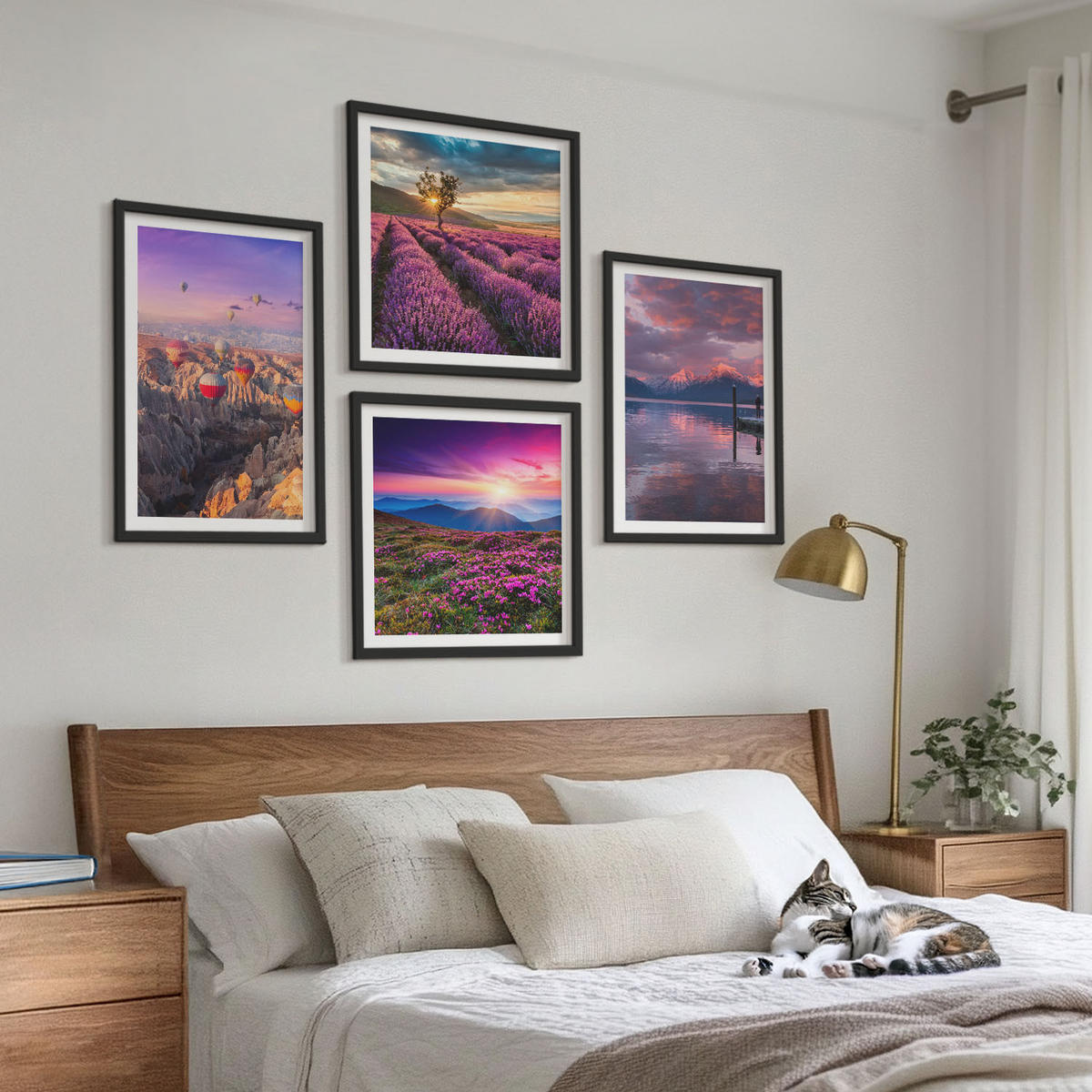 BILDER SET 4er Set - 50x50 cm & 40x60 cm Schwarzer Rahmen - Sonnenuntergang auf Lavendelfeldern - Schwarz, Kunststoff (50/50cm) - TULUP