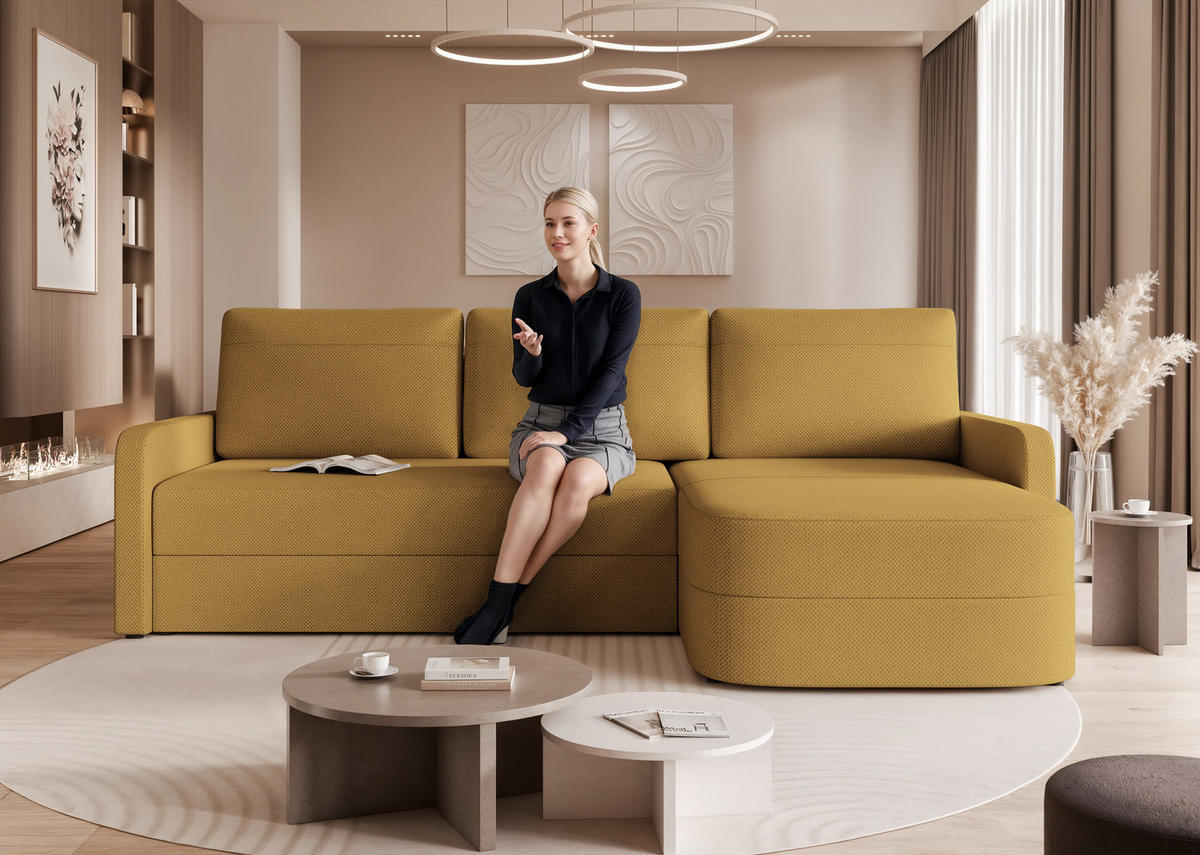 ECKSOFA CERIS mit Schlaffunktion und Bettkasten Gelb - Gelb, Holzwerkstoff/Kunststoff (250/160cm) - Idohome