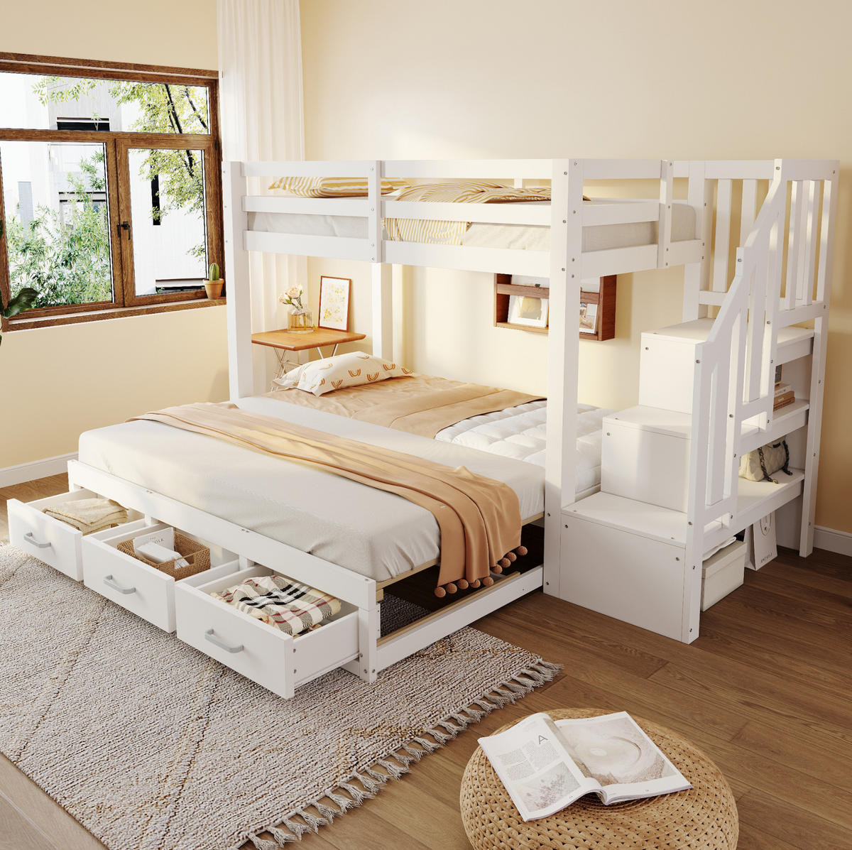 ETAGENBETT 90/200 cm mit Ausziehbett, Stauraumleiter und 3 Schubladen, Weiß/Grau - Weiß, Holzwerkstoff (90/200cm) - Redom