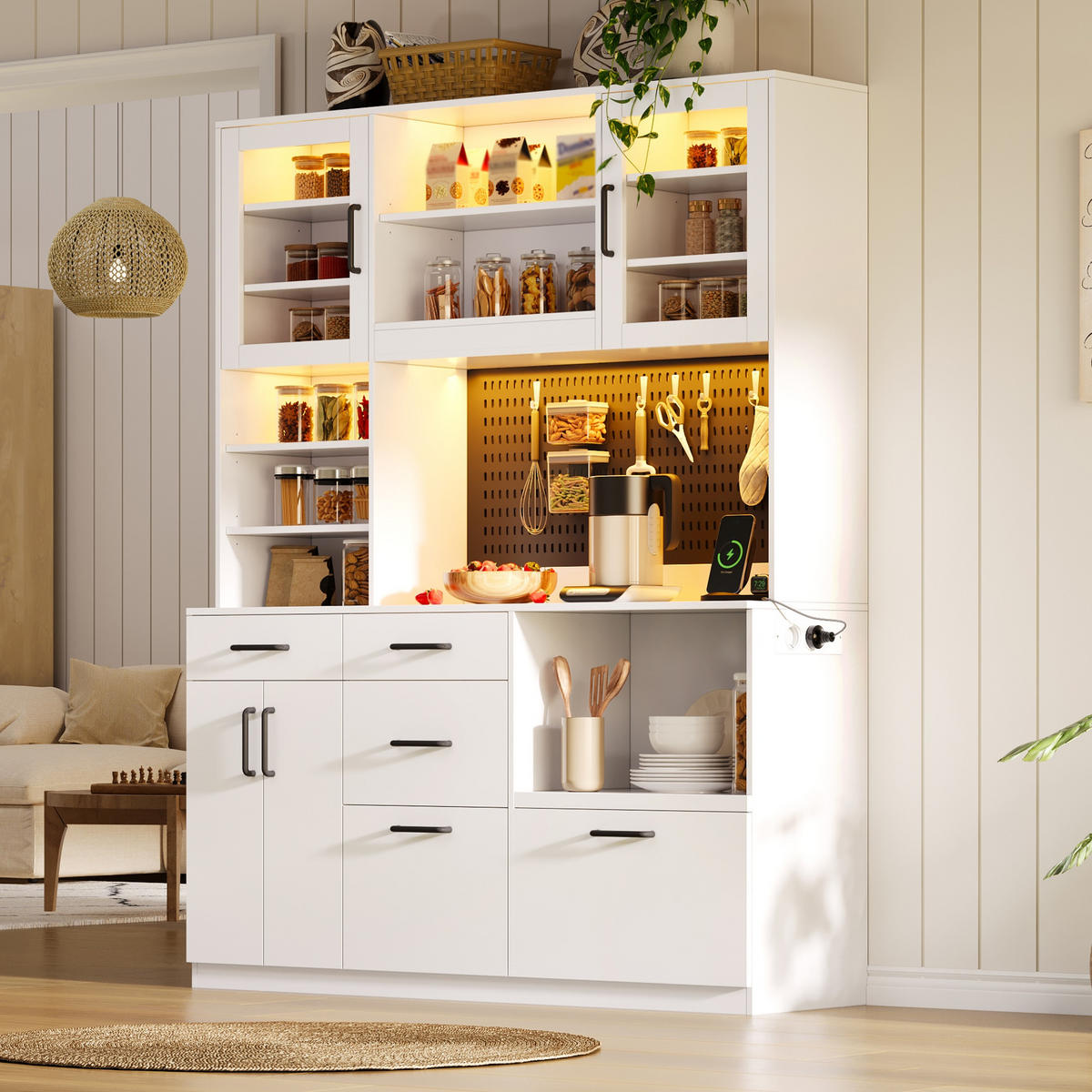 BUFFET 185 cm MDF Weiß mit RGB-LED, Lochplatte und Glasfront - Weiß, Holzwerkstoff (40/185/145cm) - Korfee
