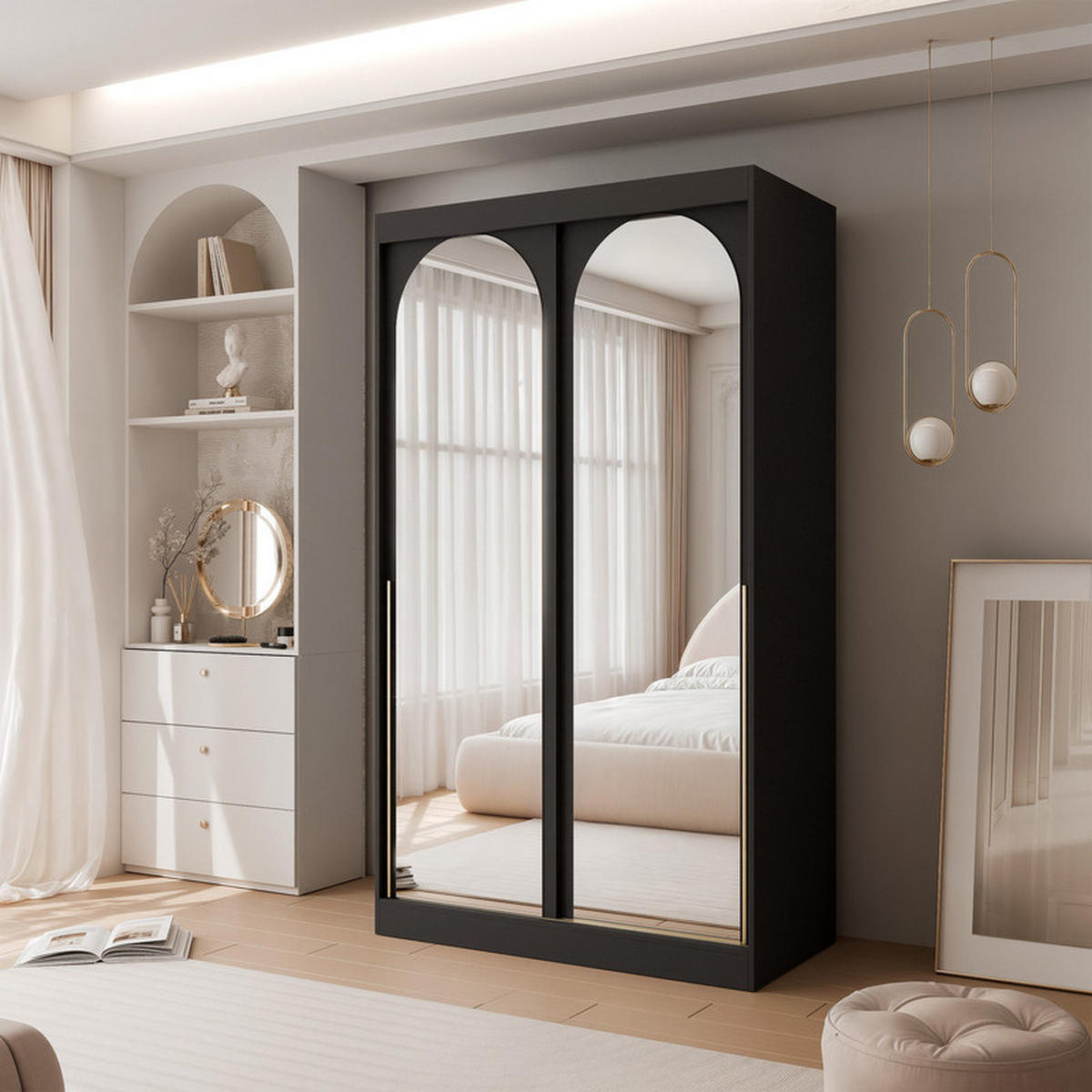 SCHWEBETÜRENSCHRANK CLARITY 2-türig 120/65/215 cm Schwarz / goldene Griffe - Goldfarben/Schwarz, Holzwerkstoff/Kunststoff (120/215/65cm) - Idohome