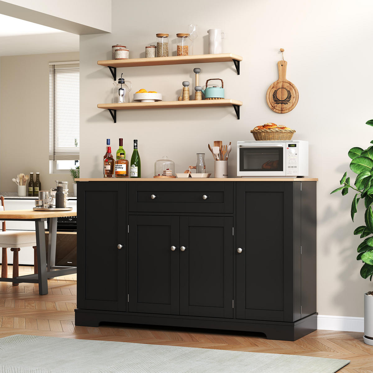 MODERNER Hochschrank aus MDF in Schwarz mit Schublade, Doppeltür und höhenverstellbaren Einlegeböden, Euro-Design, 138/40/85 cm, Schwarz - Schwarz, Holzwerkstoff (138/85/40cm) - Redom