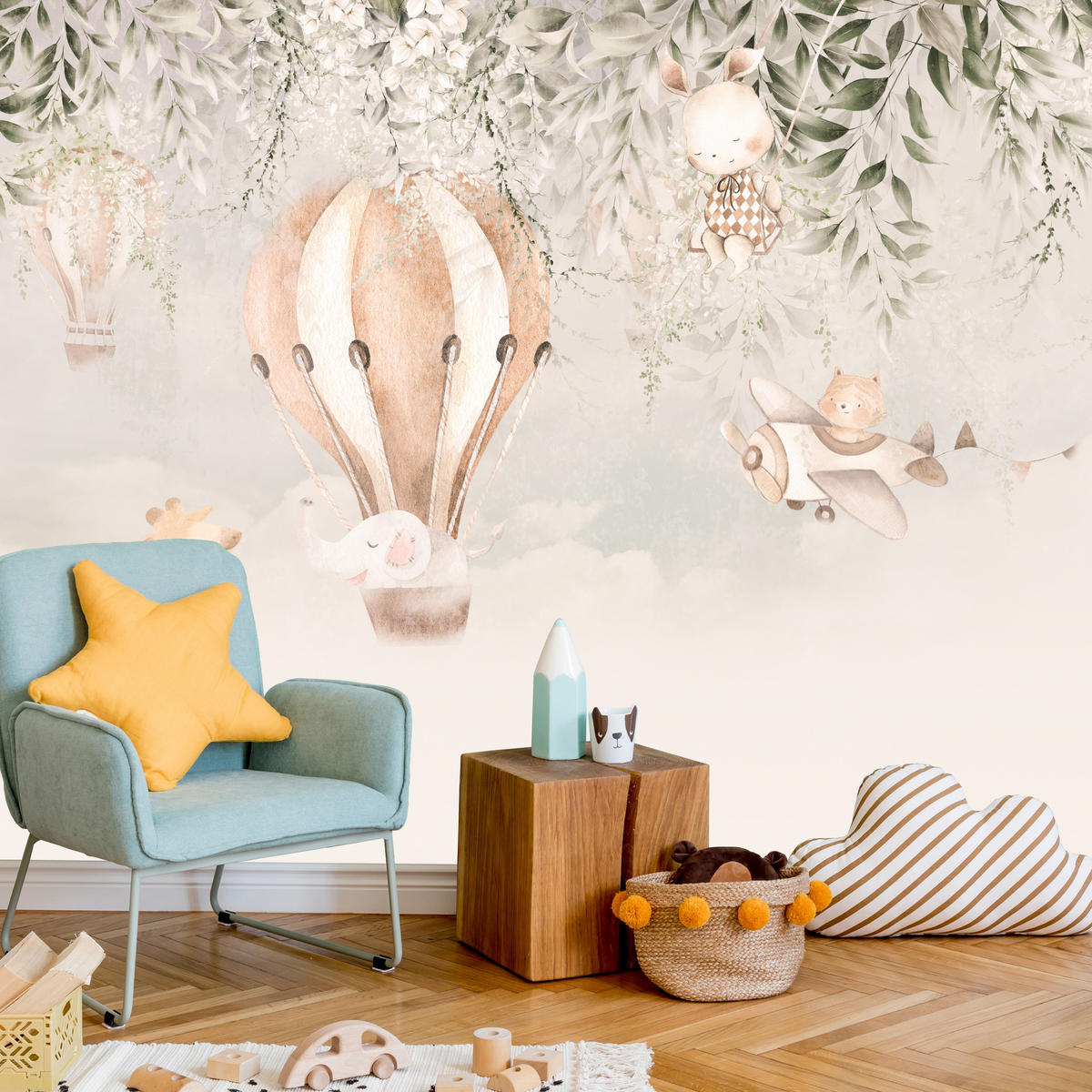 FOTOTAPETA Pre Detskú Izbu Zvieratá Oblaky Balóny Žirafa Slnko 500 x 350 cm - oranžová/hnedá, papier (500/350cm) - Muralo