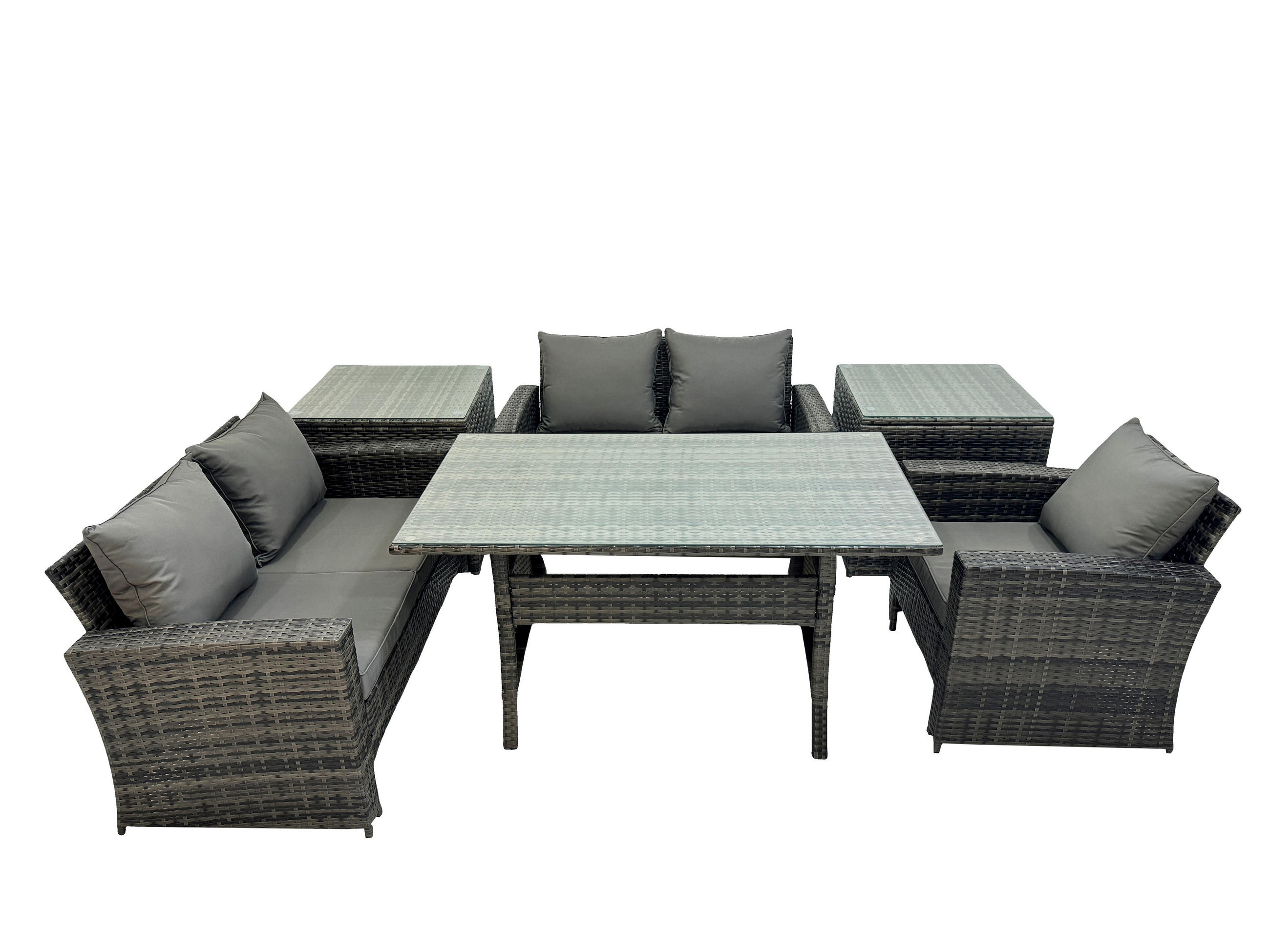 GARTENMÖBELSET mit 2-Sitzer Sofa,2 kleine Fußhocker,Esstisch,2 Beistelltischen Polyrattan Dunkelgrau 5-Sitzer - Dunkelgrau/Grau, Glas/Kunststoff - Fimous