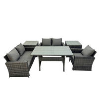 GARTENMÖBELSET mit 2-Sitzer Sofa,2 kleine Fußhocker,Esstisch,2 Beistelltischen Polyrattan Dunkelgrau 5-Sitzer - Dunkelgrau/Grau, Glas/Kunststoff - Fimous