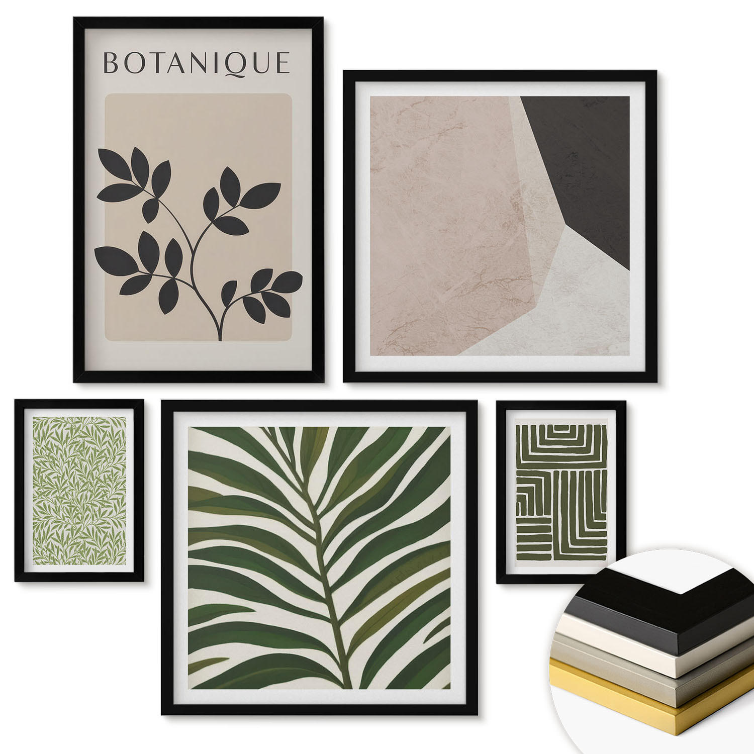WANDBILDER 5er-Set - 50x50 cm & 20x30 cm & 40x60 cm Schwarzer Rahmen - Botanische Boho-Kompositionen - Schwarz, Kunststoff (40/60cm) - ArtPrintCave