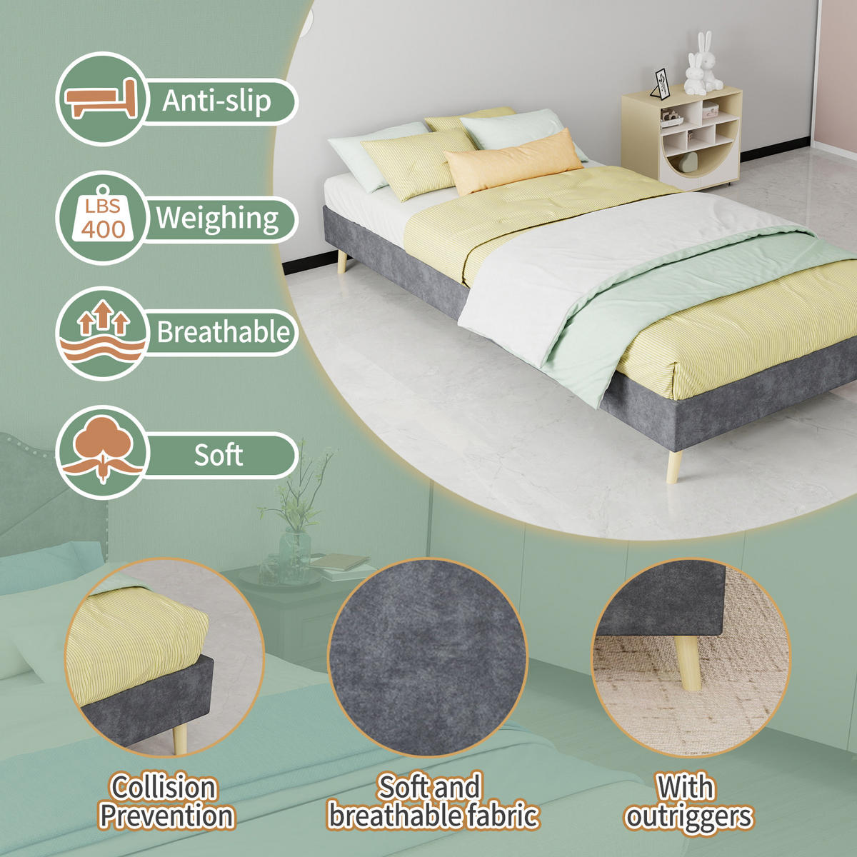 BETT 90/200 cm in Grau Stoff Metallgestell Kopfteilloses Design - Naturfarben/Grau, Holzwerkstoff/Textil (90/200cm) - STILVORA