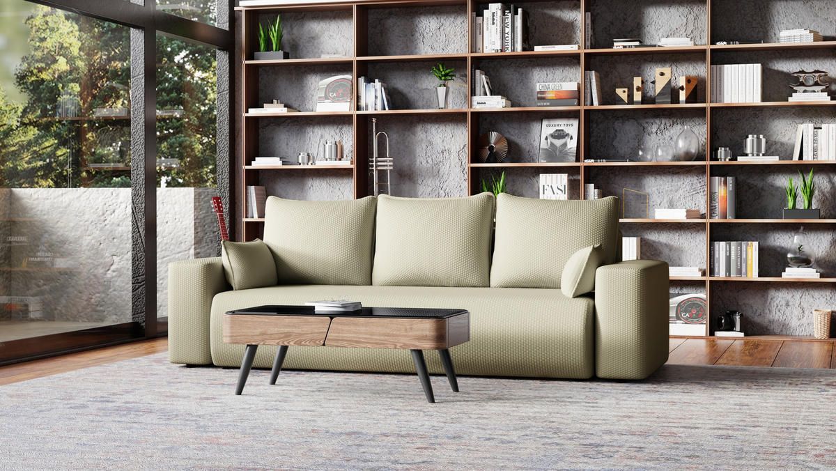 SOFA Bubi mit Bettkasten und Schlaffunktion, Cordstoff - Beige, Holzwerkstoff (242/85/95cm)
