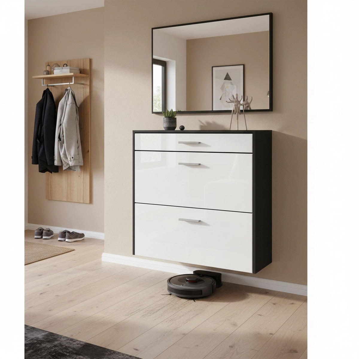 HÄNGENDER-SCHUHSCHRANK Roma Air Schmal mit 2 Klappen und 1 Schublade, Platzsparender Schuhkipper, Schwarz/Weiß Hochglanz (89 x 87 x 23 cm) - Weiß Hochglanz, Holzwerkstoff (89/87/23cm) - InnoFurn