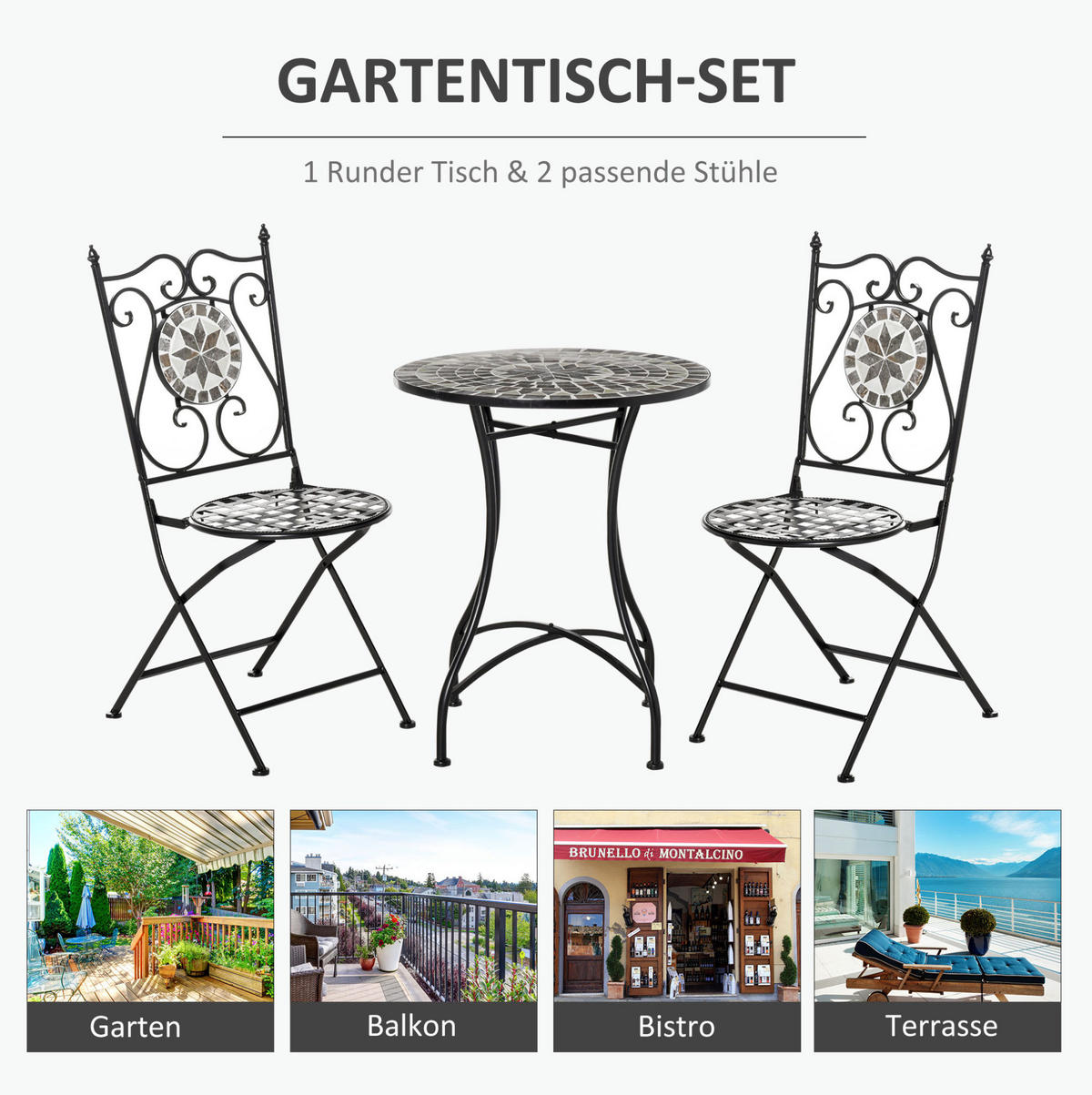 GARTENSET aus Metall, Tisch Ø60x71 cm, Stühle 50x49x95 cm, Grau, mit Klappstühlen und Mosaikdetails - Grau, Metall - Modfu