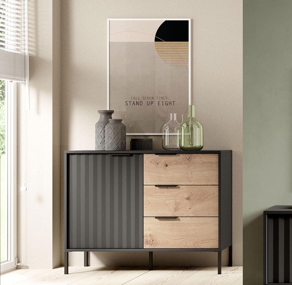 KOMMODE Rave schwarz / Eiche Artisan 103 / 39,5 / 81cm - Eichefarben/Schwarz, Holz/Holzwerkstoff (103/81/39.5cm) - Feldmann-Wohnen