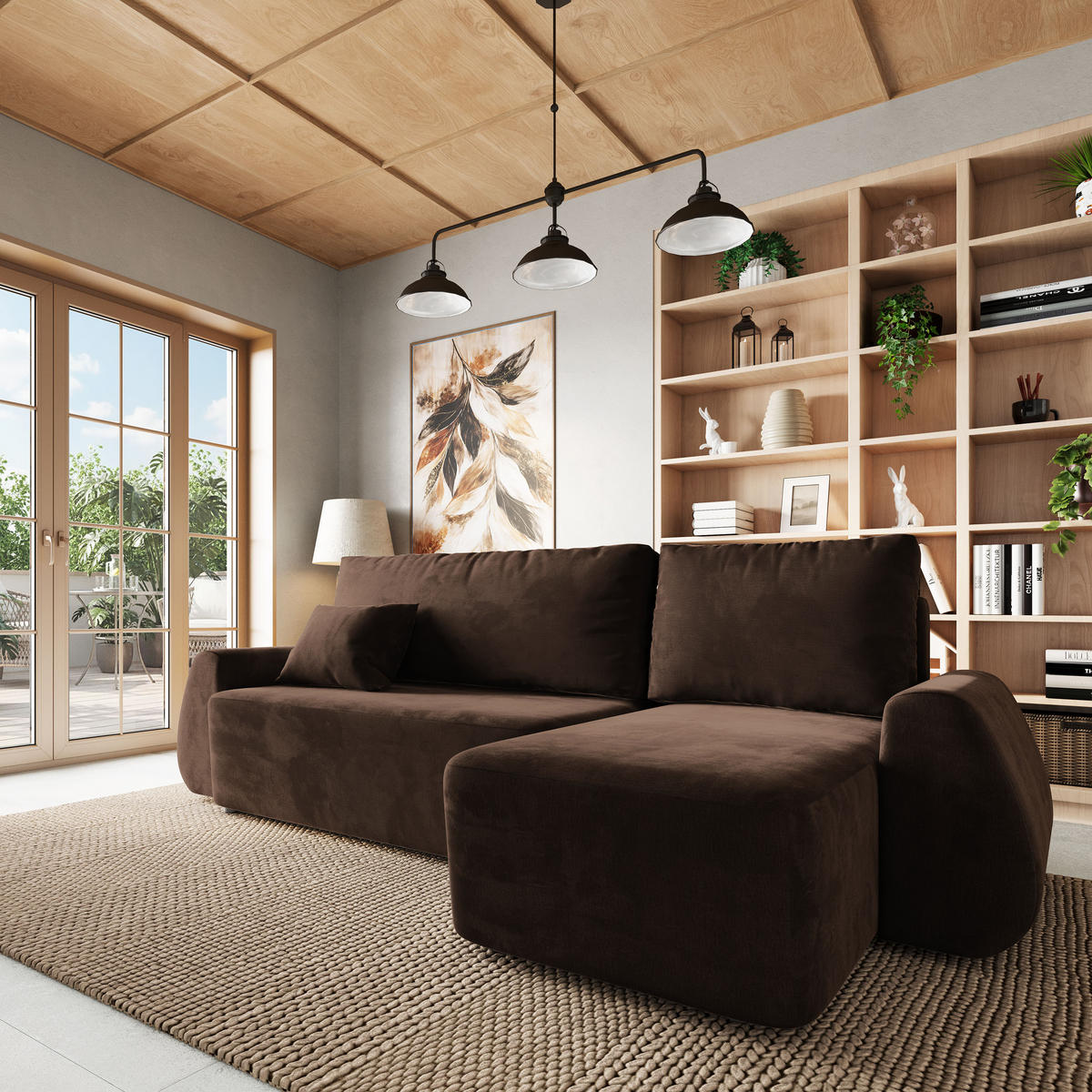 ECKSOFA GALVIS Braun Velours-Stoff mit Schlaffunktion - Braun, Holz (256/156cm) - MASSENO