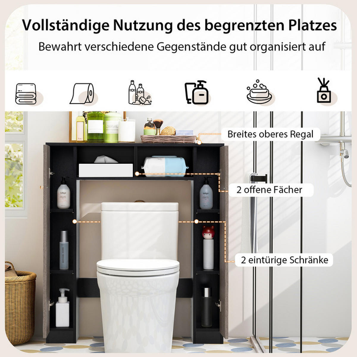 TOILETTENREGAL mit höhenverstellbaren Regalböden schwarz - Schwarz, Holzwerkstoff (87.5/98/18cm) - COSTWAY