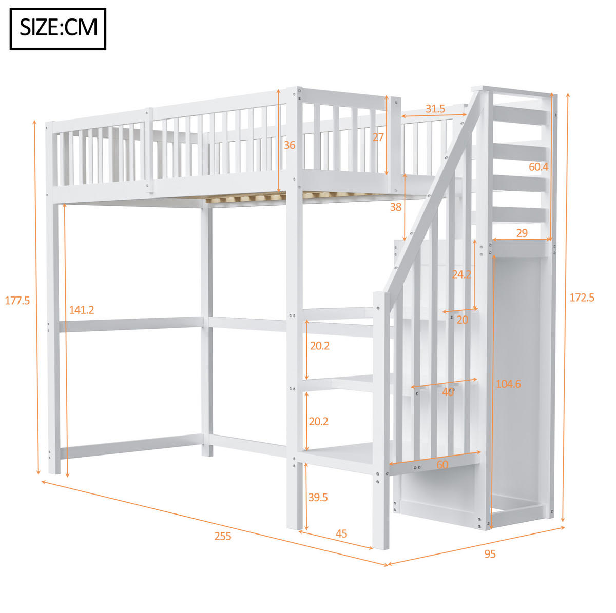 HOCHBETT 90/200 cm Weiß aus Holz mit Treppe und Kleiderschrank - Weiß, Holzwerkstoff (90/200cm) - OKWISH