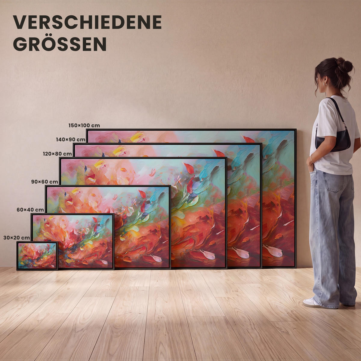 LEINWAND Bilder mit Rahmen - Ölgemälde - Kunst - Abstrakt - Farbenfroh - 150x100 - Altrosa, Textil (150/100cm) - MuchoWow