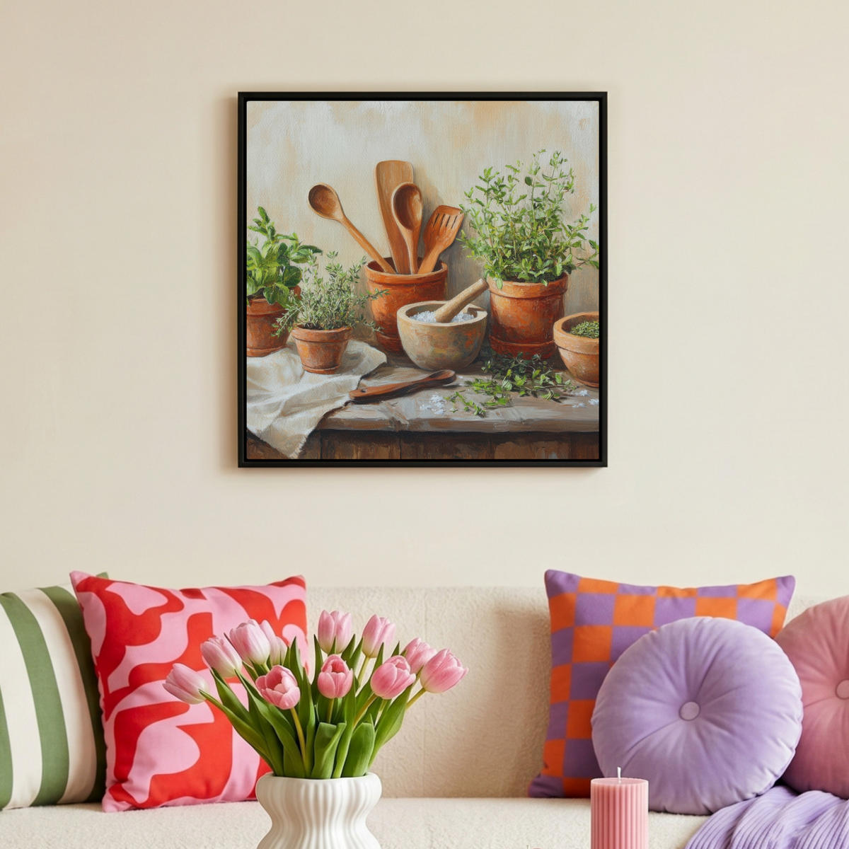 LEINWAND Bilder mit Rahmen - Töpfe - Kräuter - Holz - 50x50 - Terracotta, Textil (50/50cm) - MuchoWow