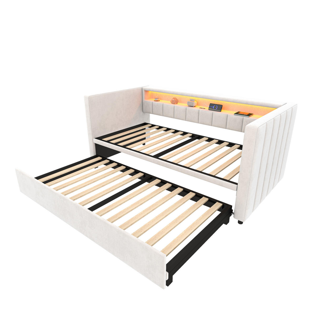 RAZTEGLJIVA postelja iz žameta 90x190 cm bež z LED osvetlitvijo, USB-Type-C in predalom - bež, tekstil (90/190cm) - Modfu