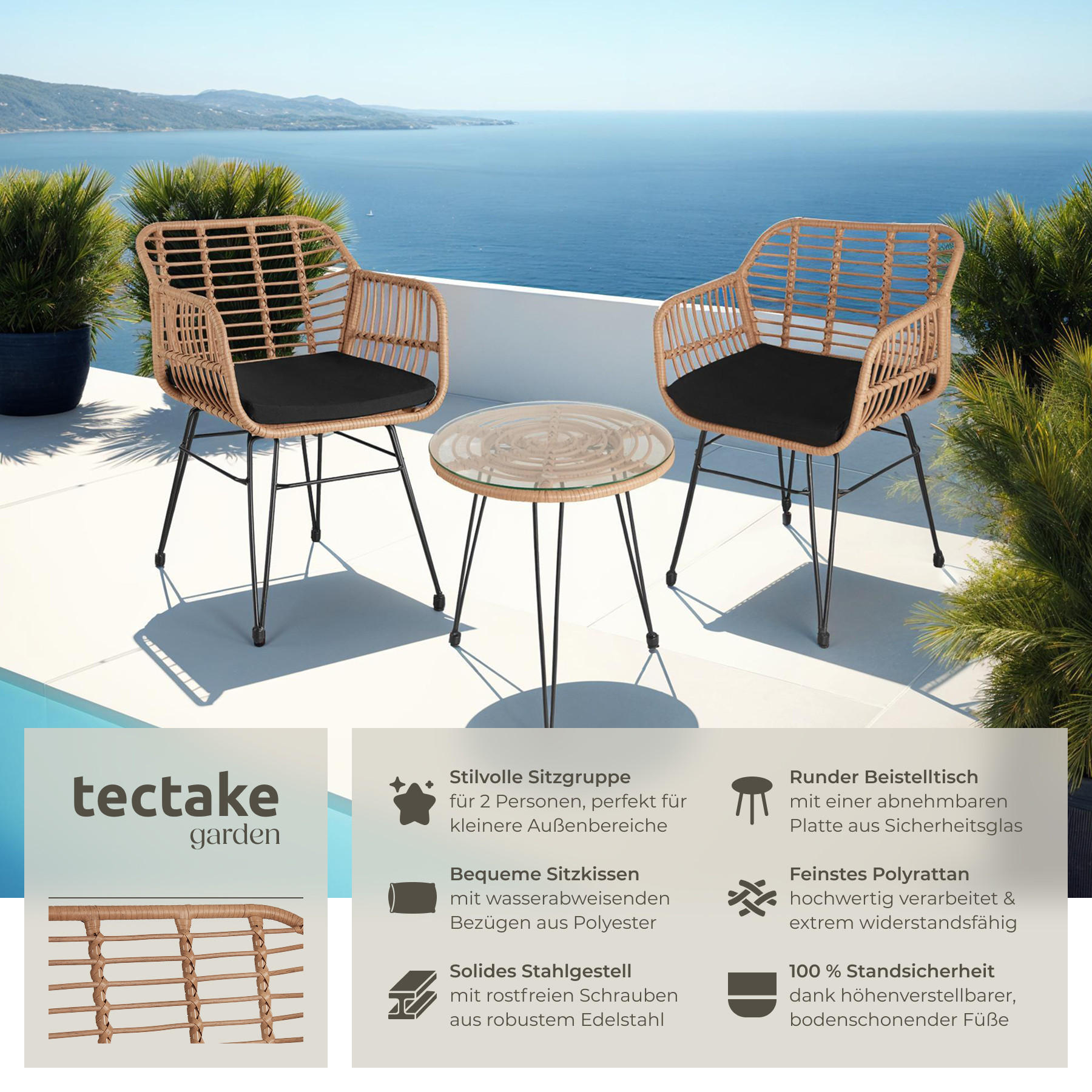 RATTAN SITZGRUPPE Molfetta,filigranes Design,natur - Naturfarben, Kunststoff - tectake