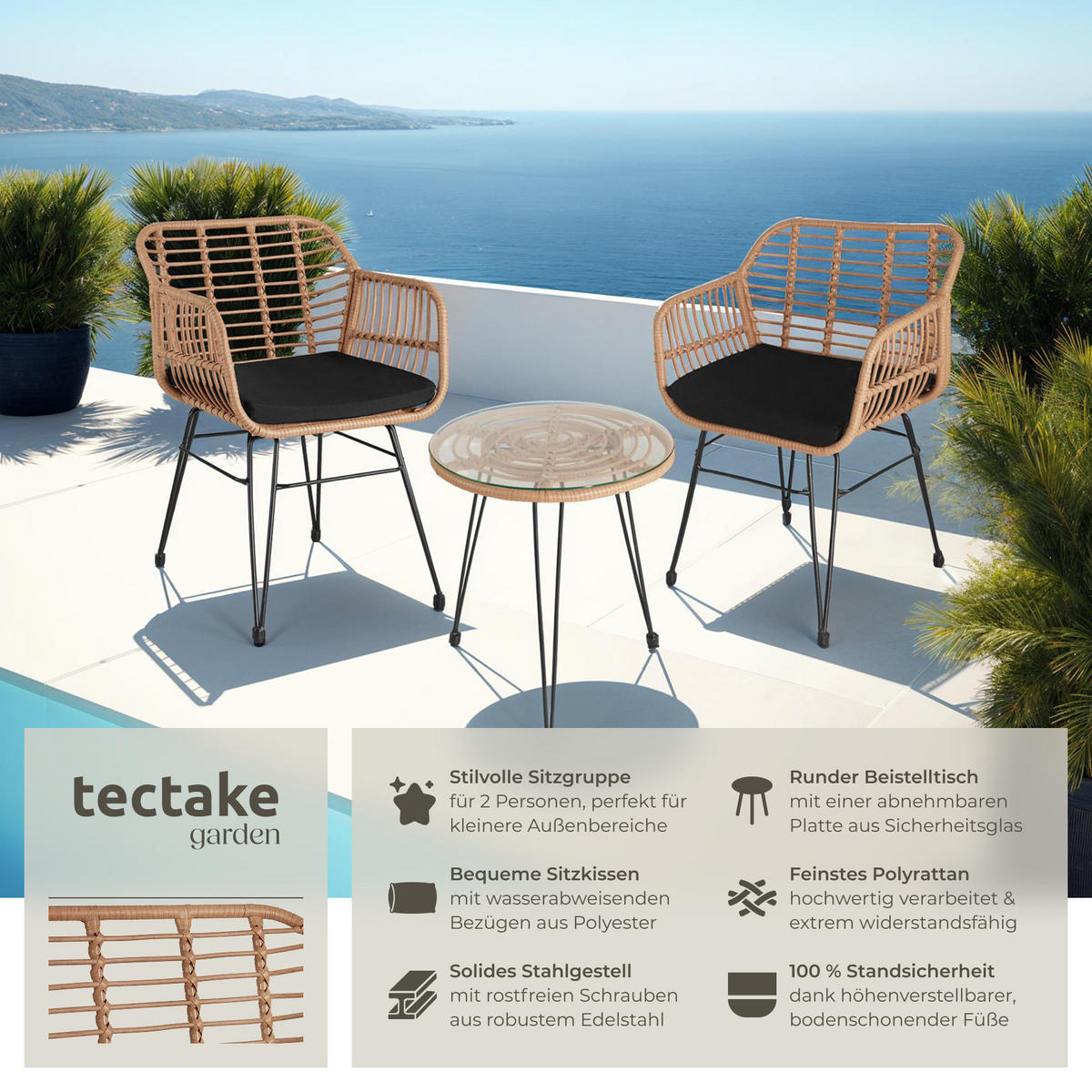 RATTAN SITZGRUPPE Molfetta,filigranes Design,natur - Naturfarben, Kunststoff - tectake