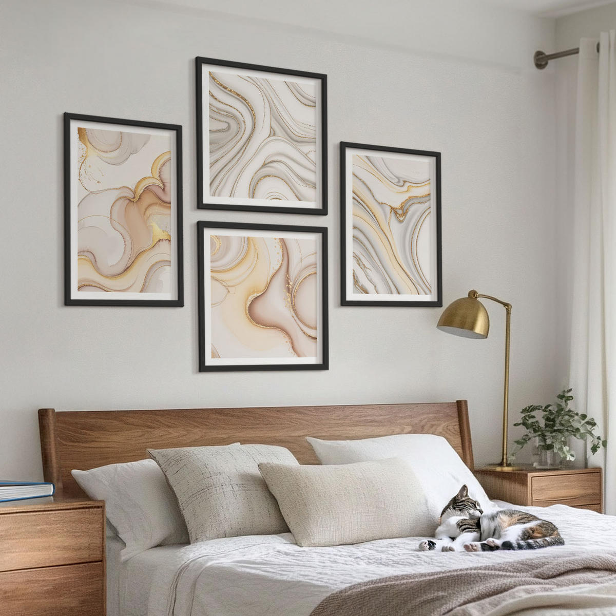 BILDER SET 4er Set - 50x50 cm & 40x60 cm Schwarzer Rahmen - Lineare abstrakte Motive - Schwarz, Kunststoff (50/50cm) - TULUP
