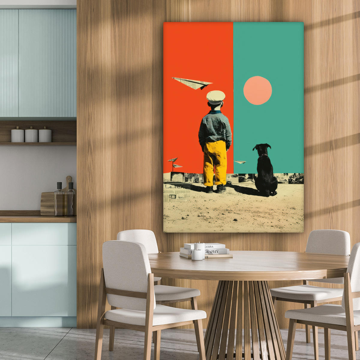 LEINWANDBILD Retro - Junge - Hund - Rot - Grün Deko Groß 90x140 cm - Orange, Textil (90/140cm) - MuchoWow