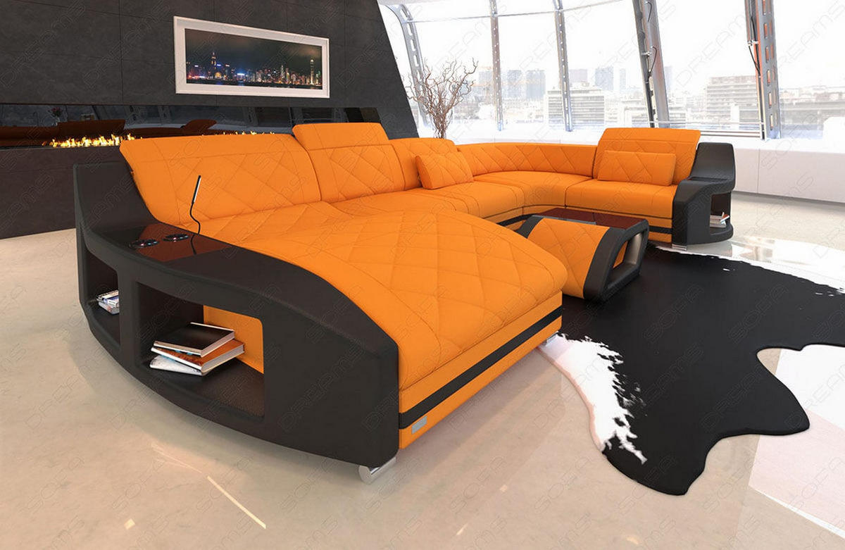 WOHNLANDSCHAFT Stoff Sofa Swing U Form Apricot Schwarz Mikrofaserstoff - Orange, Kunststoff (404/90/220cm)