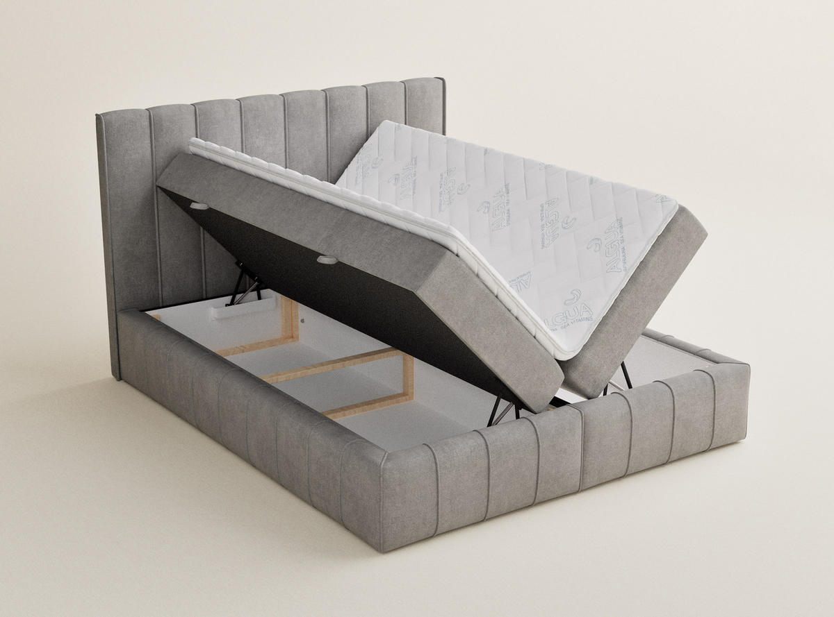 BOXBETT Moretti 200/200 cm, in Beige grau, Bettkasten, Matratze, Topper - Greige/Schwarz, Holz/Holzwerkstoff (200/200cm) - Maison de Reve