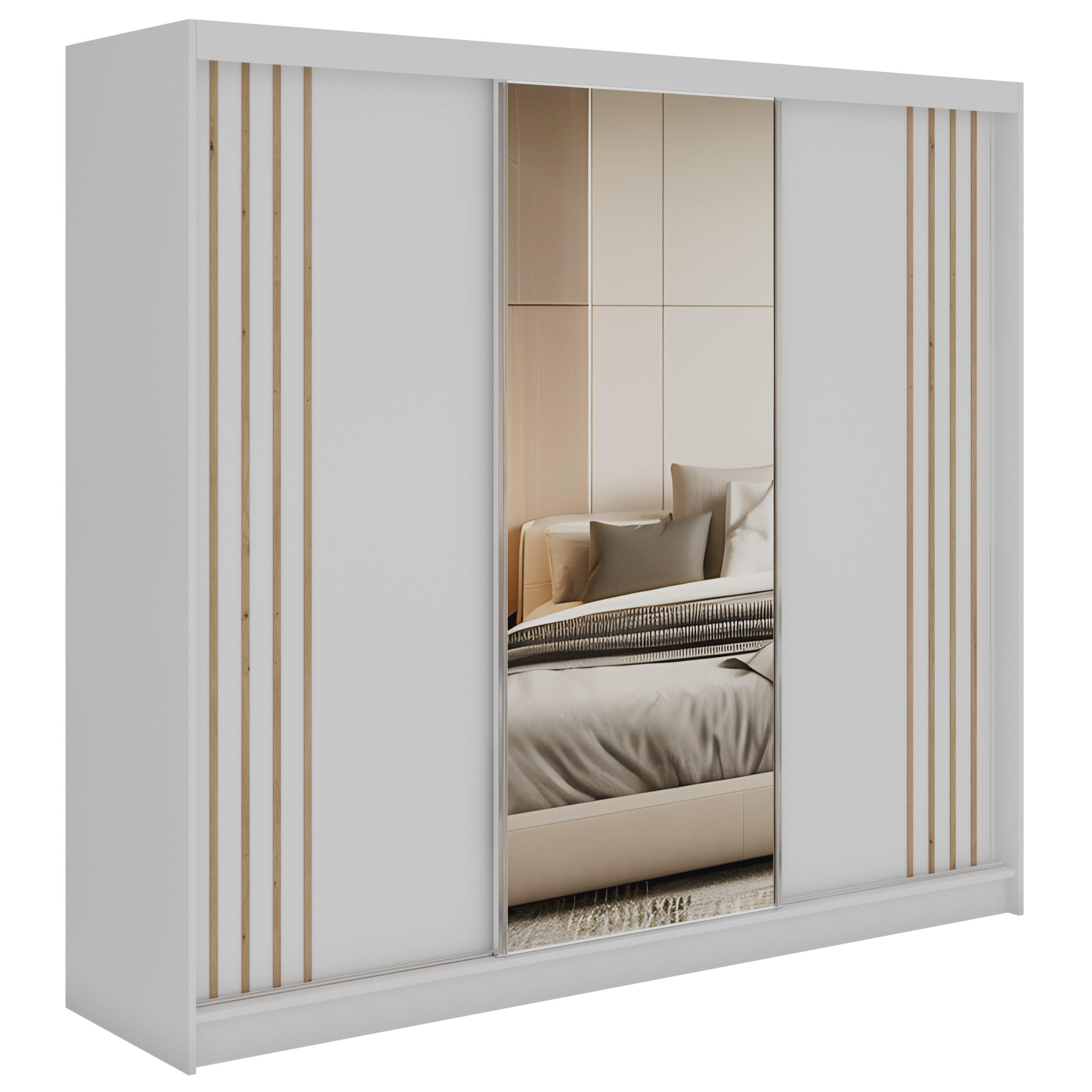 SCHWEBETÜRENSCHRANK mit Lamellen und Spiegel DIANA - 240 - Weiß und Eiche Artisan - Alufarben/Weiß, Holzwerkstoff/Metall (240/216/61cm) - MKS