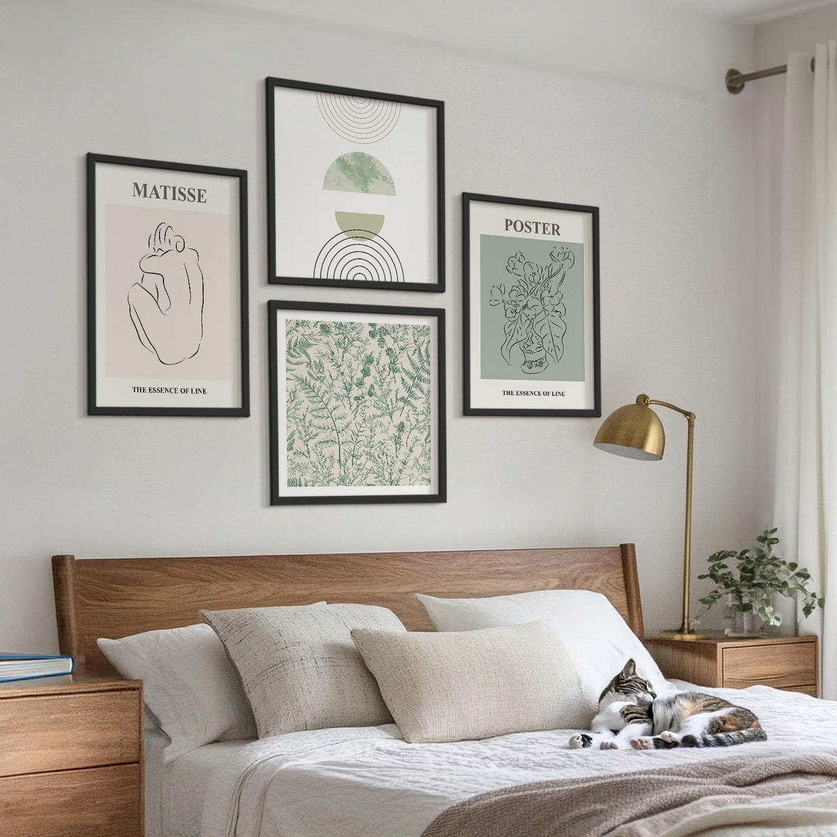 BILDER SET 4er Set - 50x50 cm & 40x60 cm Schwarzer Rahmen - Linien, Pflanzenmuster, Minimalismus - Schwarz, Kunststoff (50/50cm) - TULUP