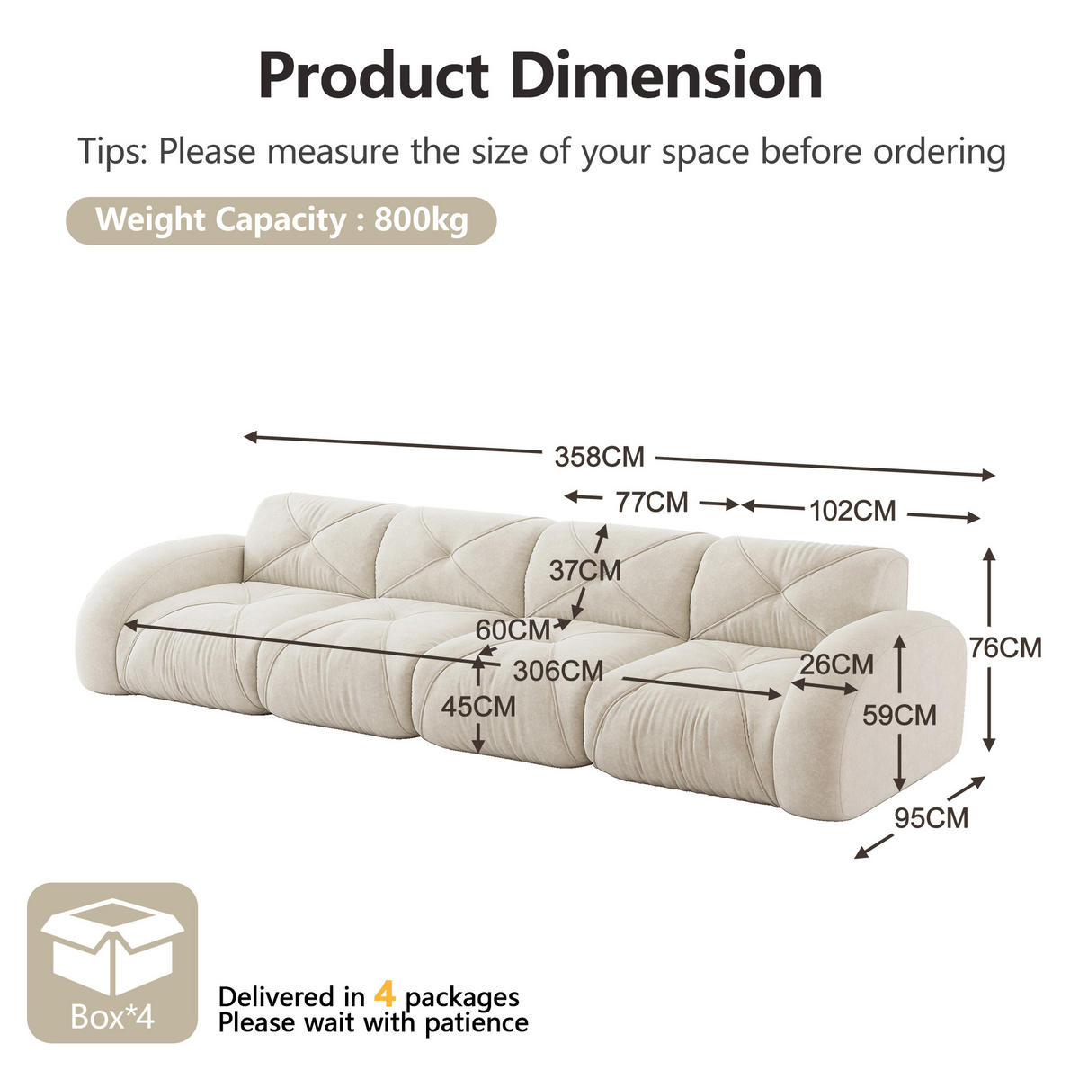 4-SITZER Sofa 358x95x76 cm aus Chenille-Stoff rahmenlos modular, weiß - Weiß, Textil (95/76/358cm) - Luhomfu