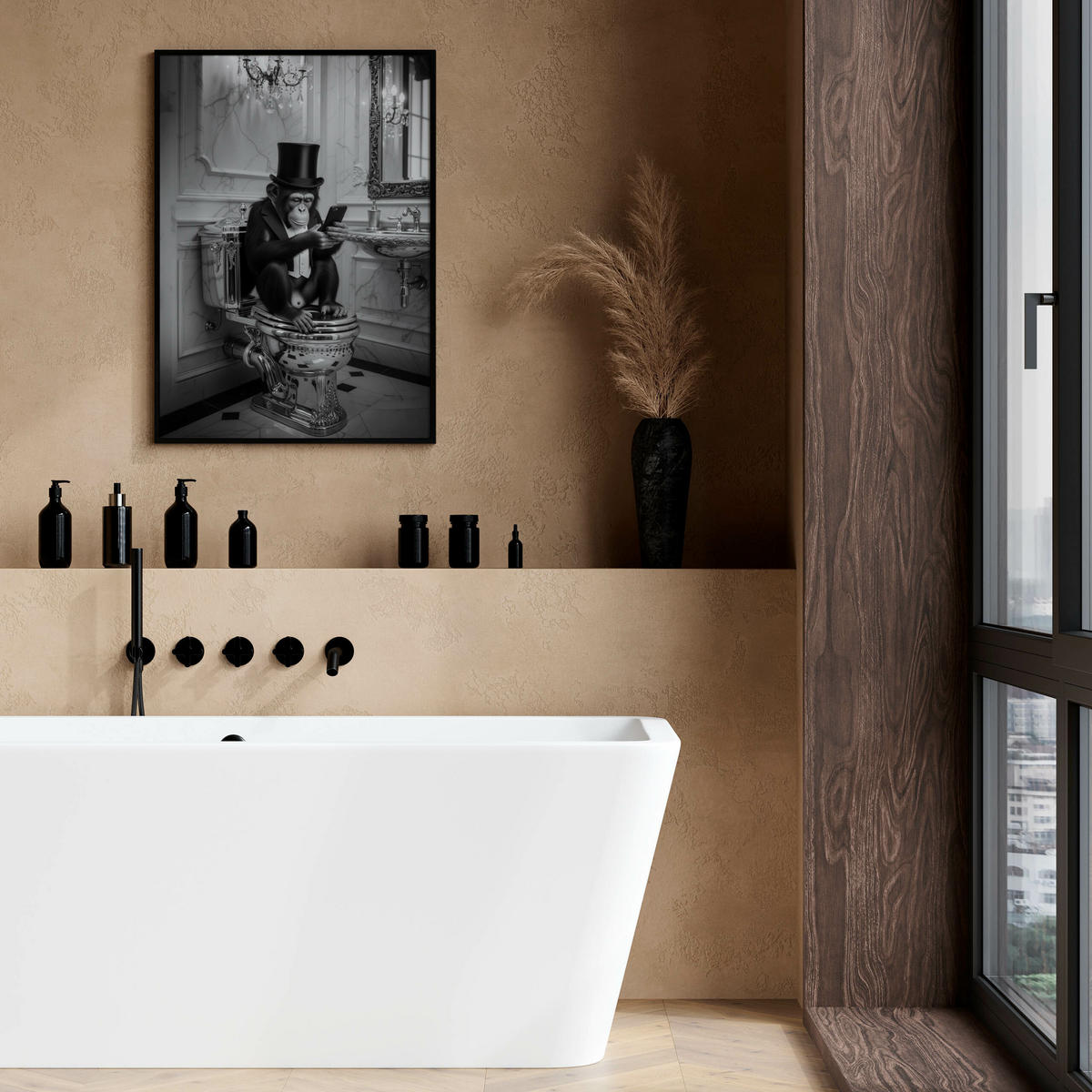 POSTER für Badezimmer WC AFFE mit Zylinder auf Toilette Abstraktion 20x30cm - Schwarz/Weiß, Papier (20/30/1cm) - Muralo