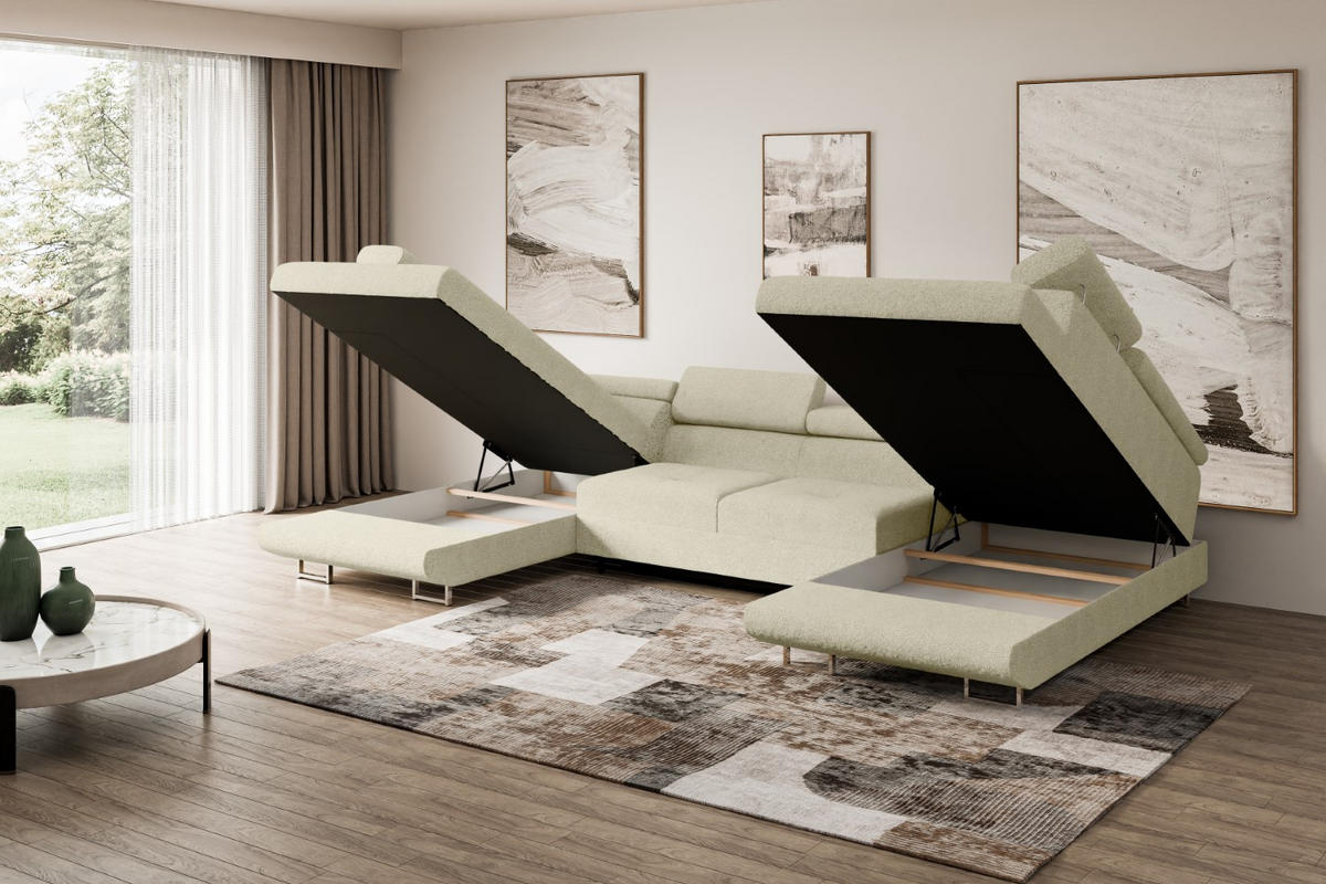 WOHNLANDSCHAFT mit Schlaffunktion und Bettkasten GUSA-U 342x202x107 cm Beige Bouclé - Beige/Silberfarben, Holzwerkstoff/Textil (342/107/202cm) - ALTDECOR