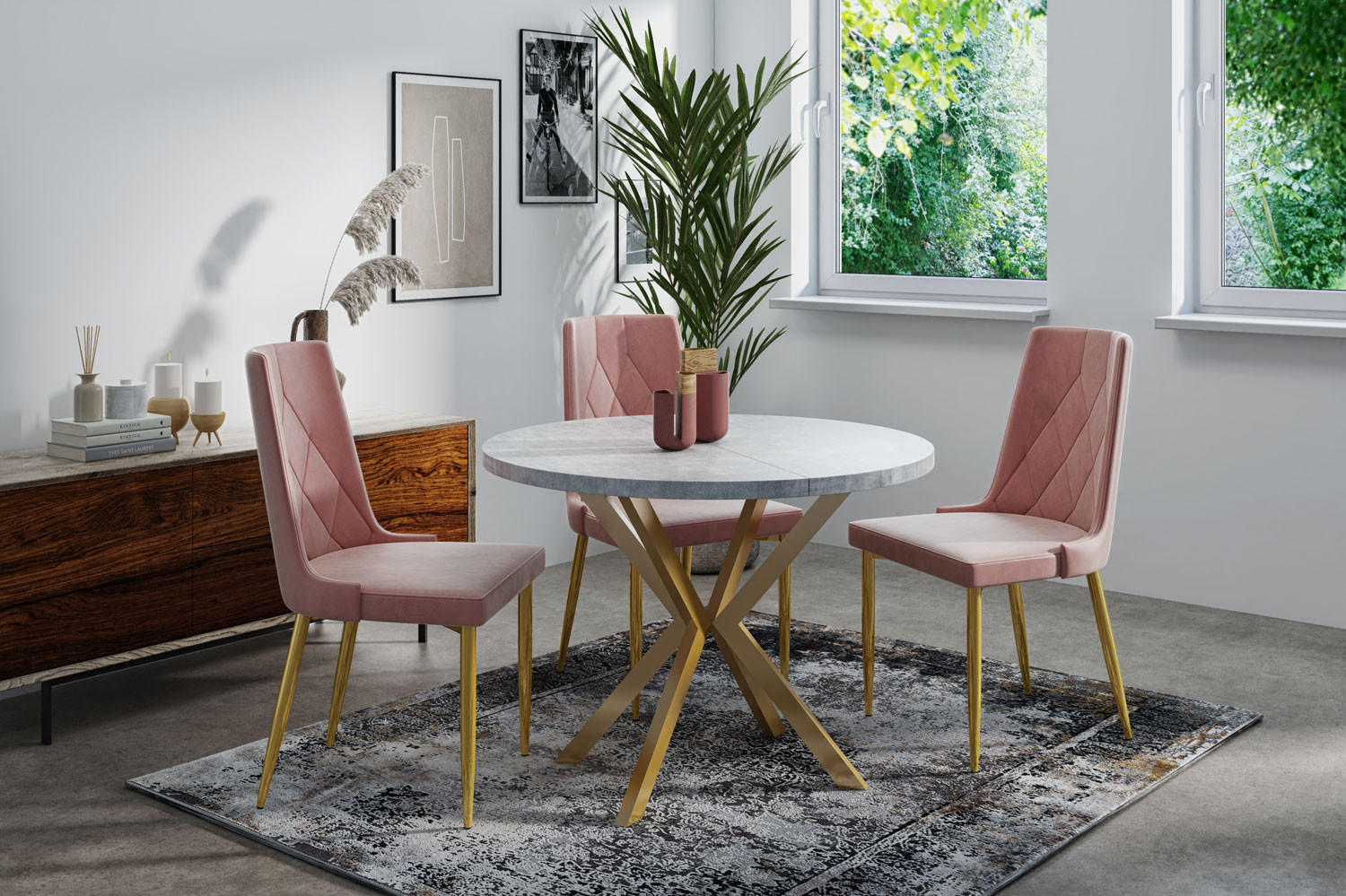 ESSTISCH Flora runder ausziehbarer, Grauer Beton 120-200/120/76 cm - Goldfarben/Hellgrau, Holzwerkstoff/Metall (120/120/76cm) - WFL GROUP