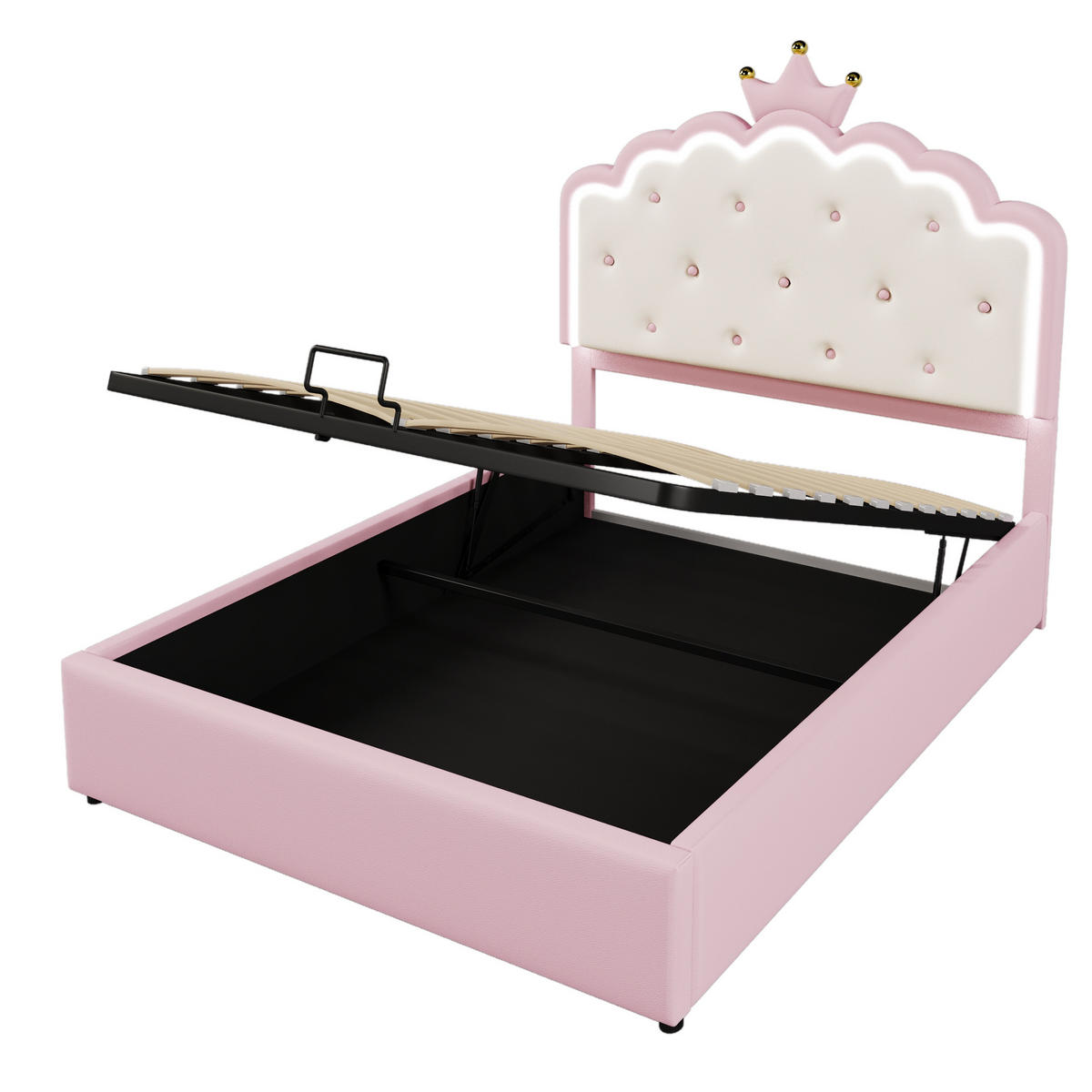 POLSTERBETT 140x200cm Rosa PU Kronprinzessinnenform Hydraulik LED-Licht - Pink, Holz (140/200cm) - FLIEKS