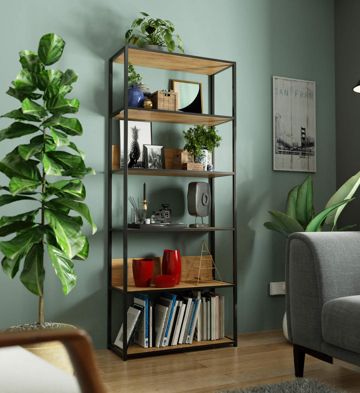 LOFT-REGAL Schwarz, Eichefarben 80x192x32 cm - Eichefarben/Schwarz, Holzwerkstoff/Metall (80/192/32cm) - Akord