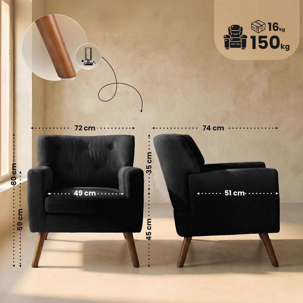 SESSEL Cord Schwarz - Schwarz/Braun, Holz/Textil (72/80/74cm) - CLP