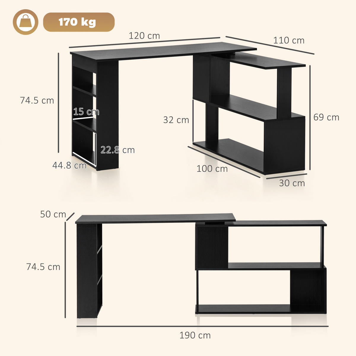 ECKSCHREIBTISCH Schwarz 1 Stück - Schwarz, Holzwerkstoff (120/110/74.5cm) - GiPP