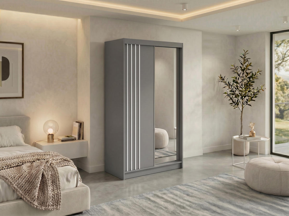 SCHWEBETÜRENSCHRANK mit Lamellen und Spiegel DIANA - 120 - Grau und Weiß - Alufarben/Weiß, Holzwerkstoff/Metall (120/216/61cm) - MKS