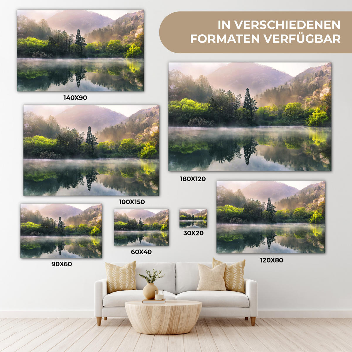 LEINWANDBILD Natur - Bäume - Berge - See - Wasser Wanddeko 90x60 cm - Hellgrün, Textil (90/60cm) - MuchoWow